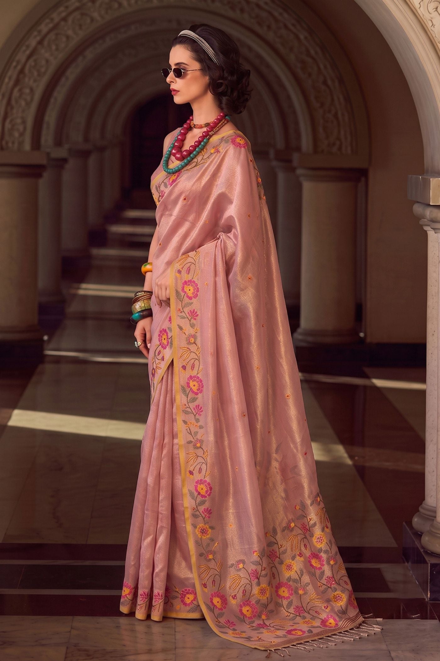 Buy MySilkLove Blush Pink Woven Floral Tissue Saree Online