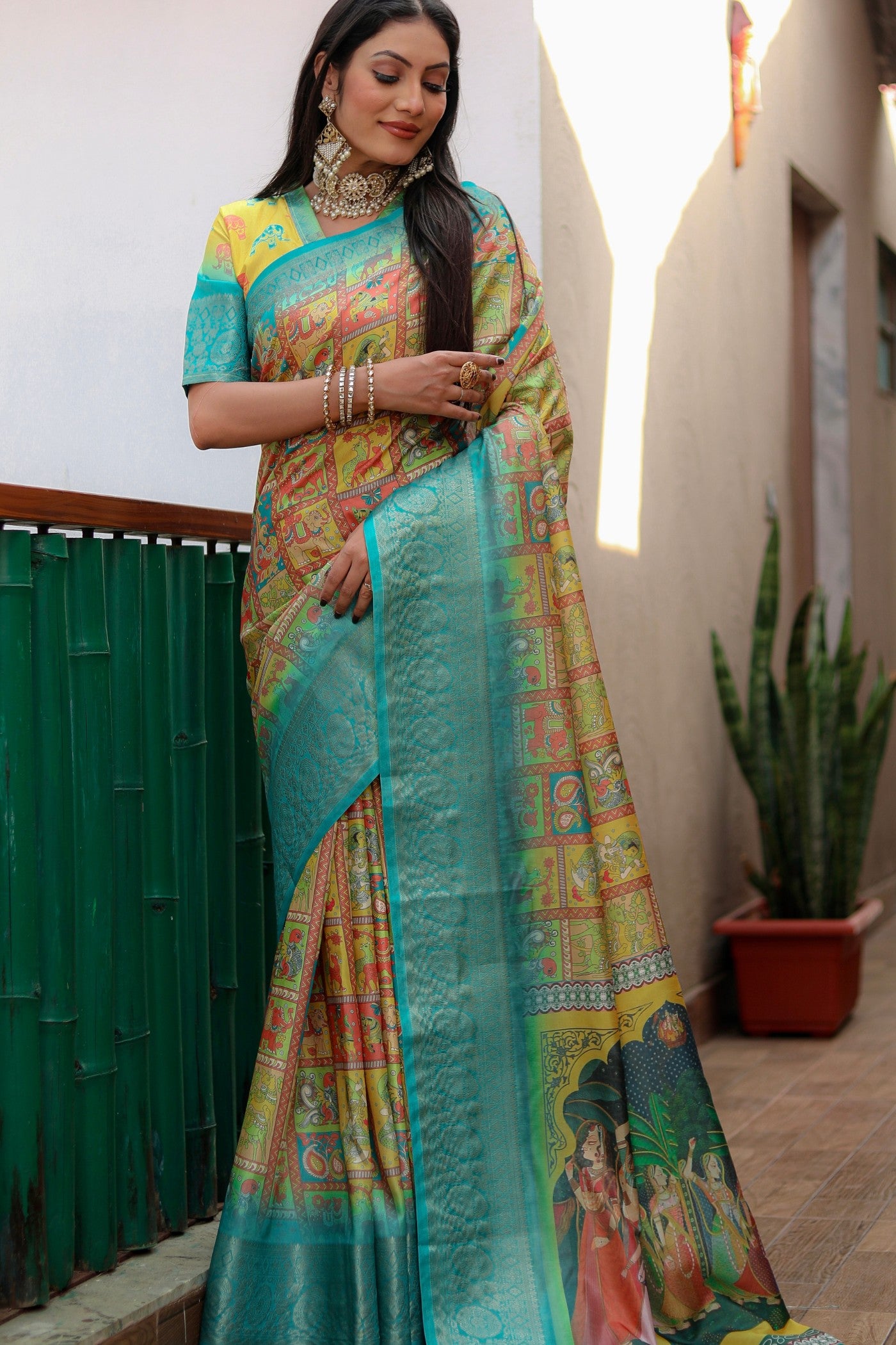 Buy MySilkLove Tulip Yellow and Blue Digital Printed Kalamkari Saree Online