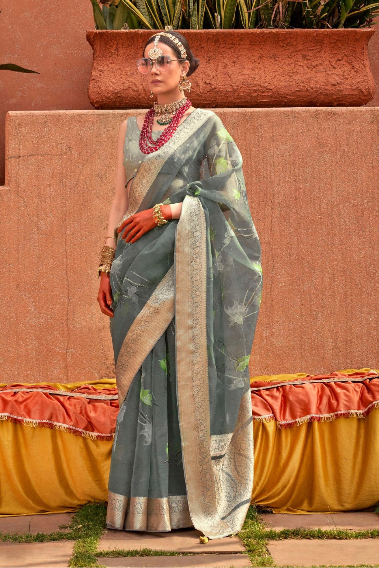 Buy MySilkLove Oslo Grey Zari Woven Organza Saree Online