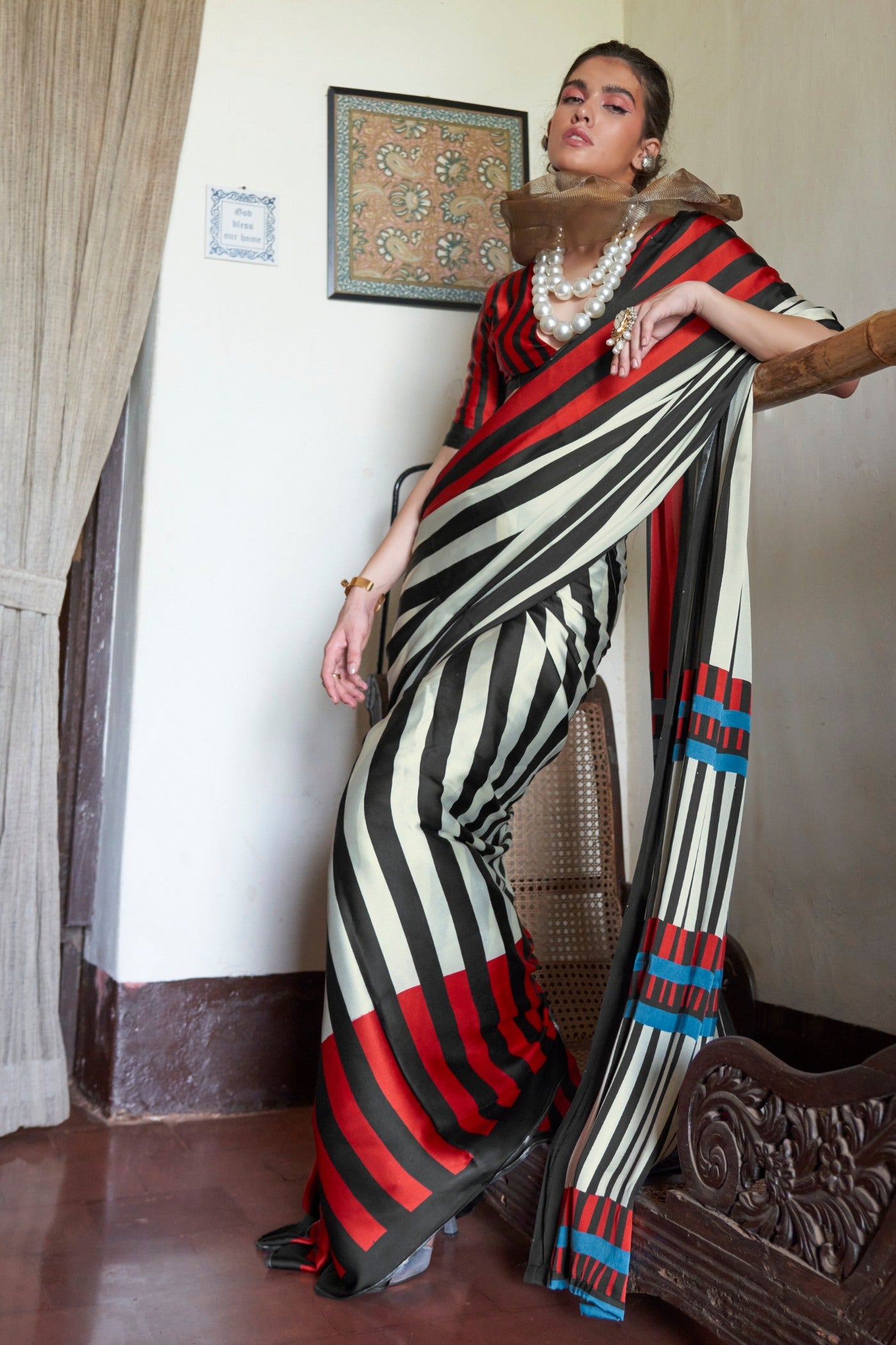 Buy MySilkLove Crow Black and White Stripes Printed Satin Crepe Silk Saree Online