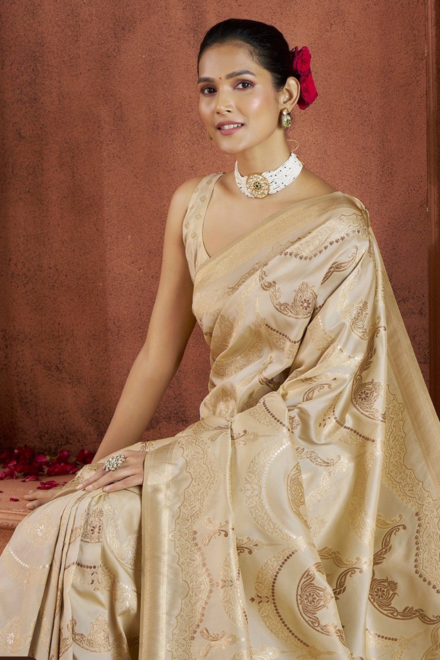 Buy MySilkLove Cashmere Cream Woven Banarasi Saree Online