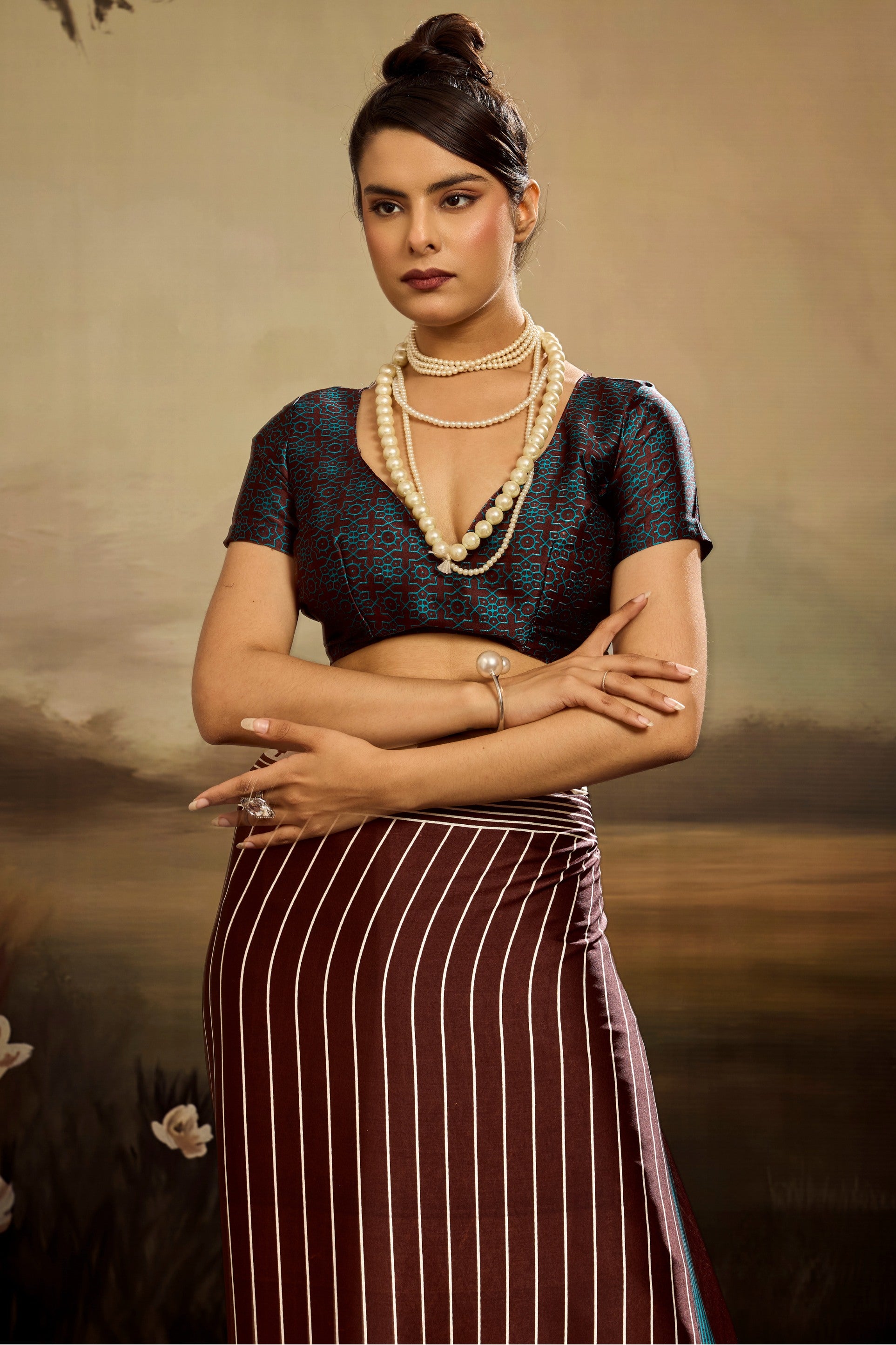 Buy MySilkLove Hickory Brown Ajrakh Printed Satin Crepe Silk Saree Online