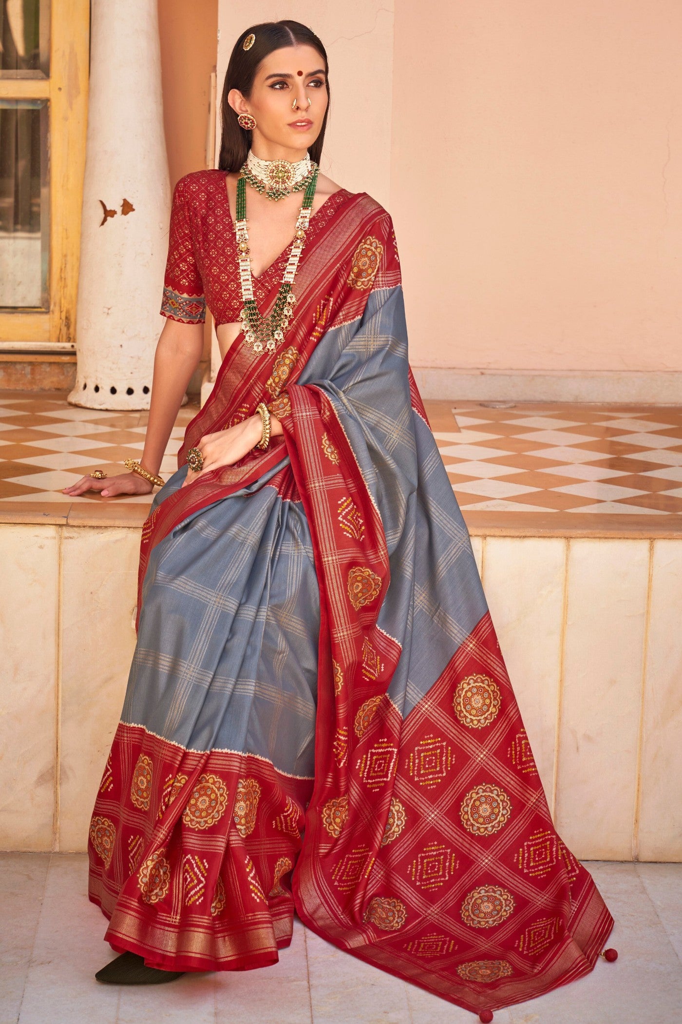 Buy MySilkLove Stone Grey and Red Printed Patola Saree Online