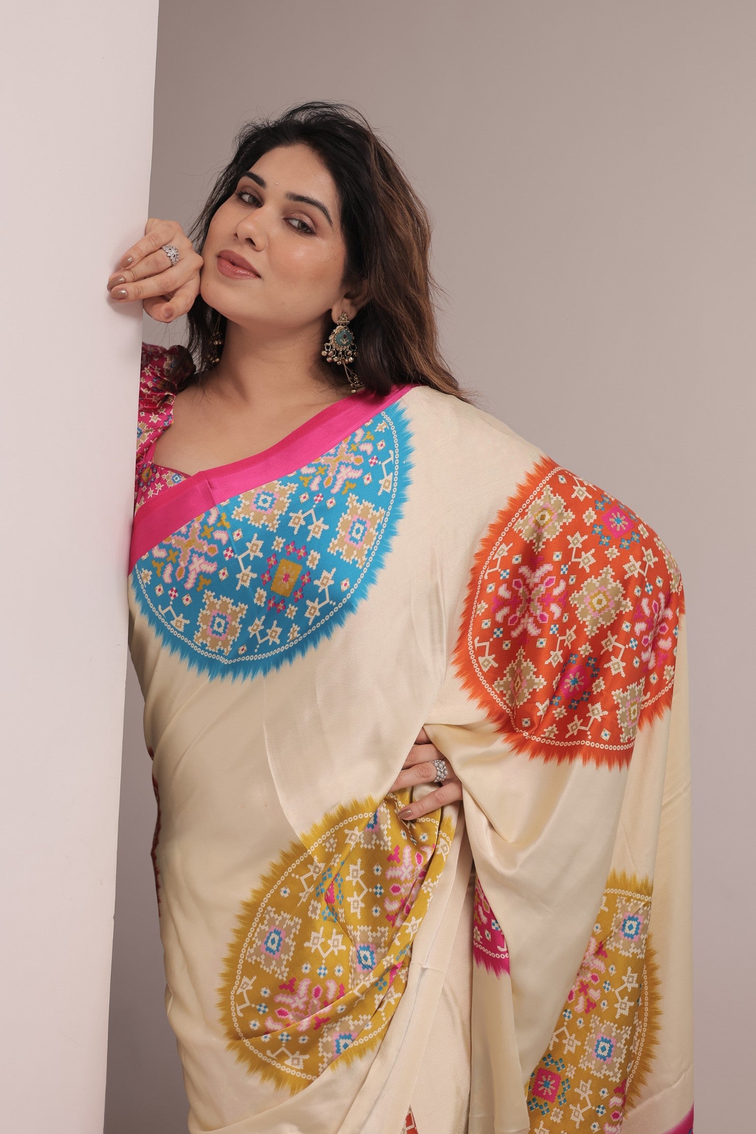 Buy MySilkLove Vanilla Cream and Pink Modal Ajrakh Printed Silk Saree Online