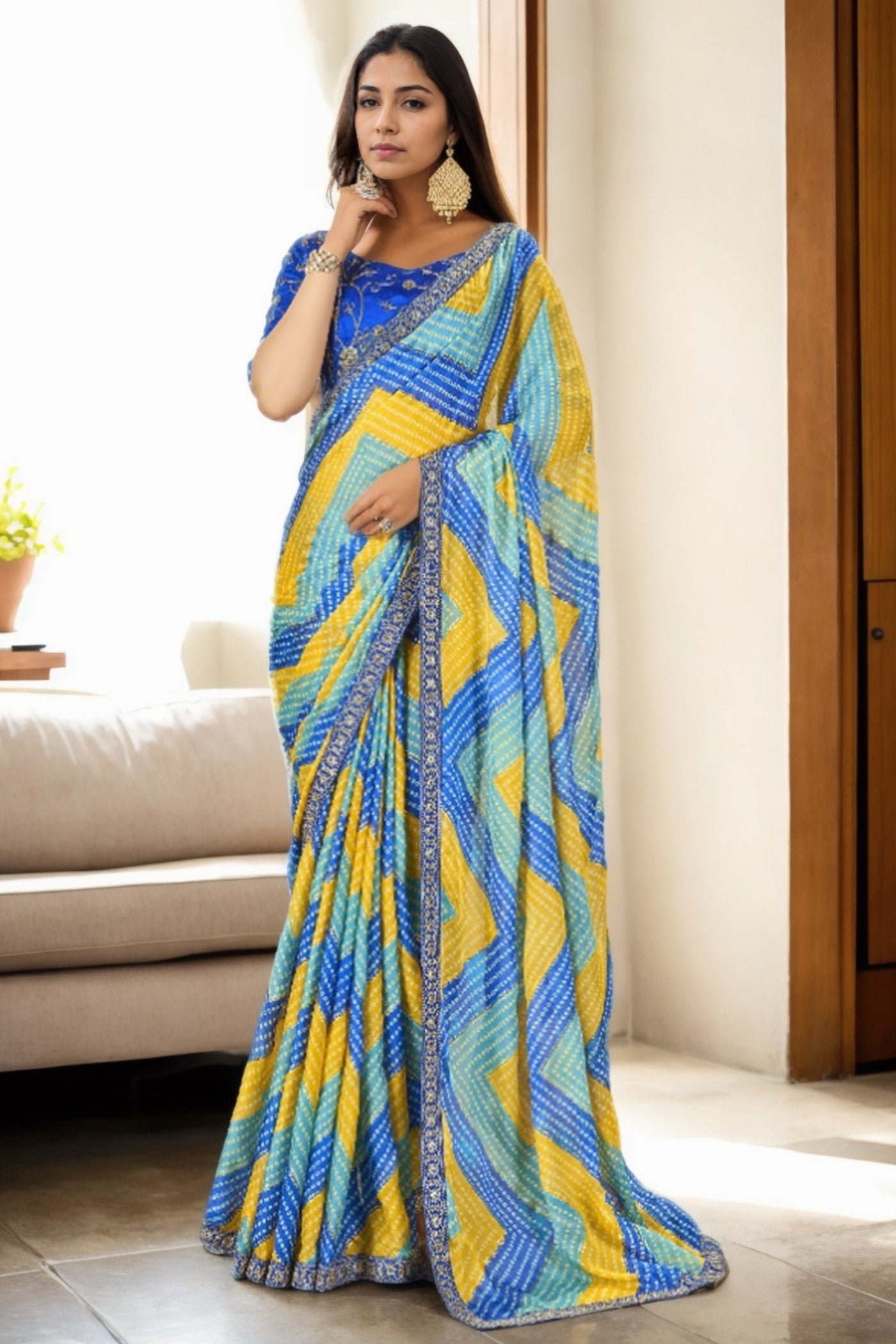 Buy MySilkLove Azure Blue and Yellow Bandhani Digital Printed Silk Saree Online