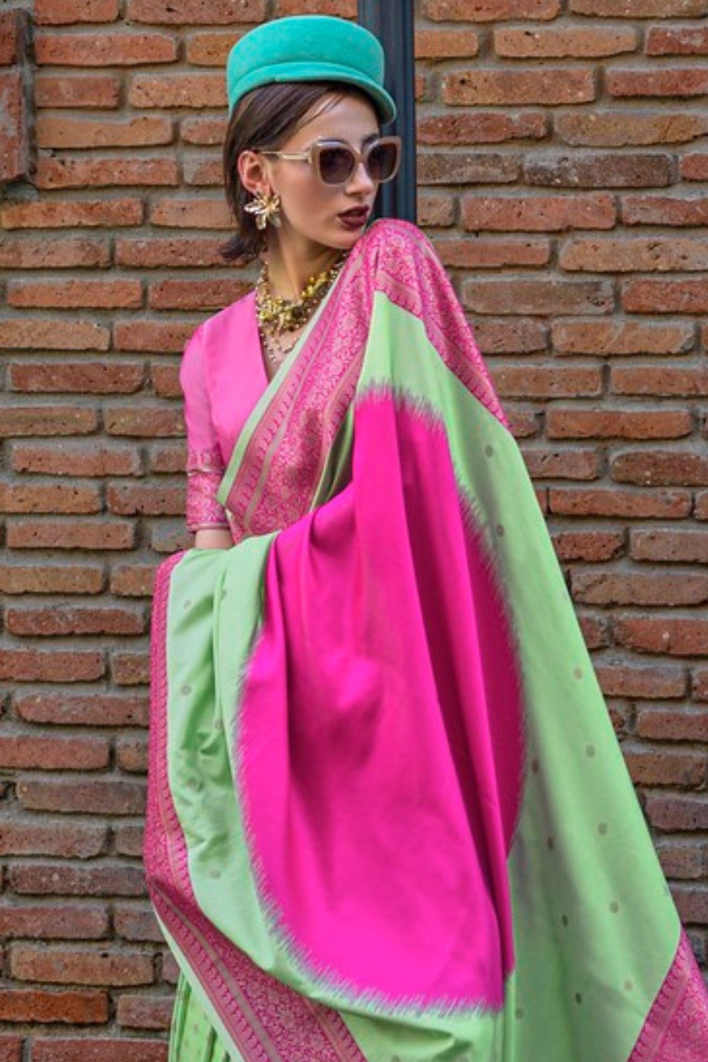 Buy MySilkLove Pista Green and Pink Banarasi Handloom Saree Online