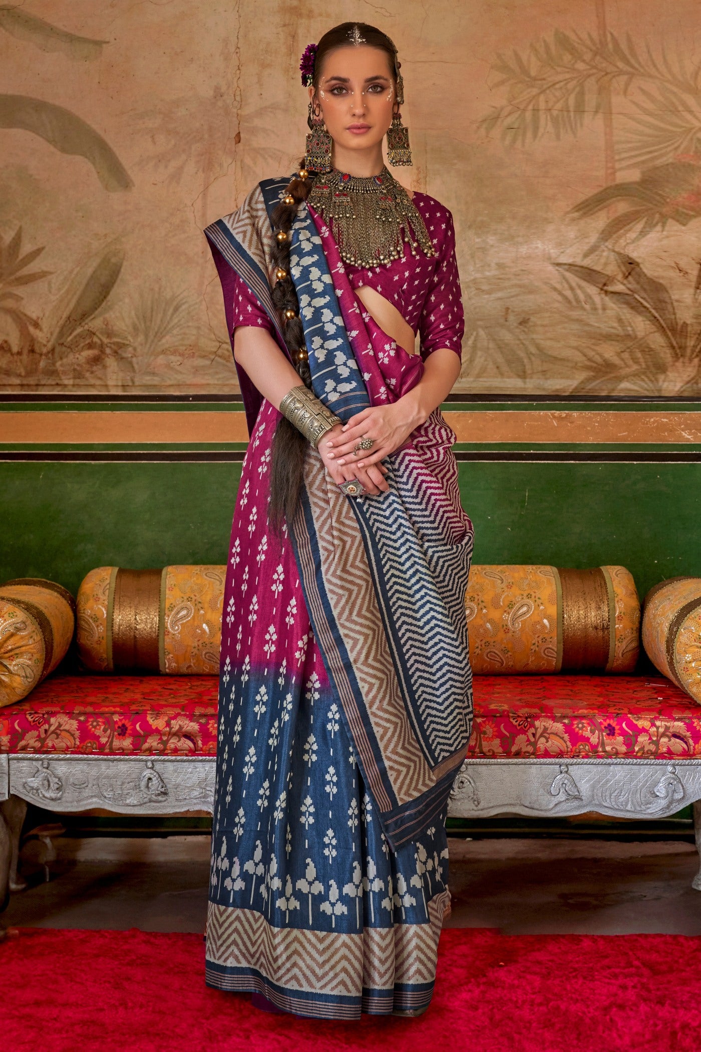 Buy MySilkLove Night Shadz Purple and Blue Printed Patola Saree Online