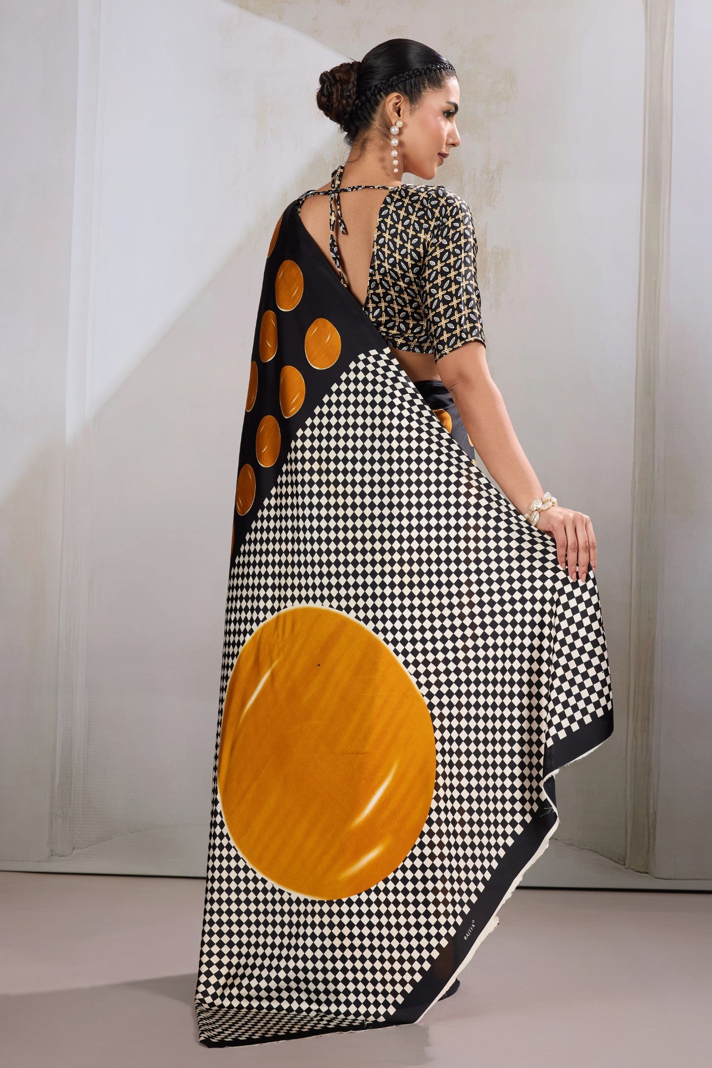 Buy MySilkLove Apricot Orange and Black Printed Polka Dots Satin Crepe Saree Online