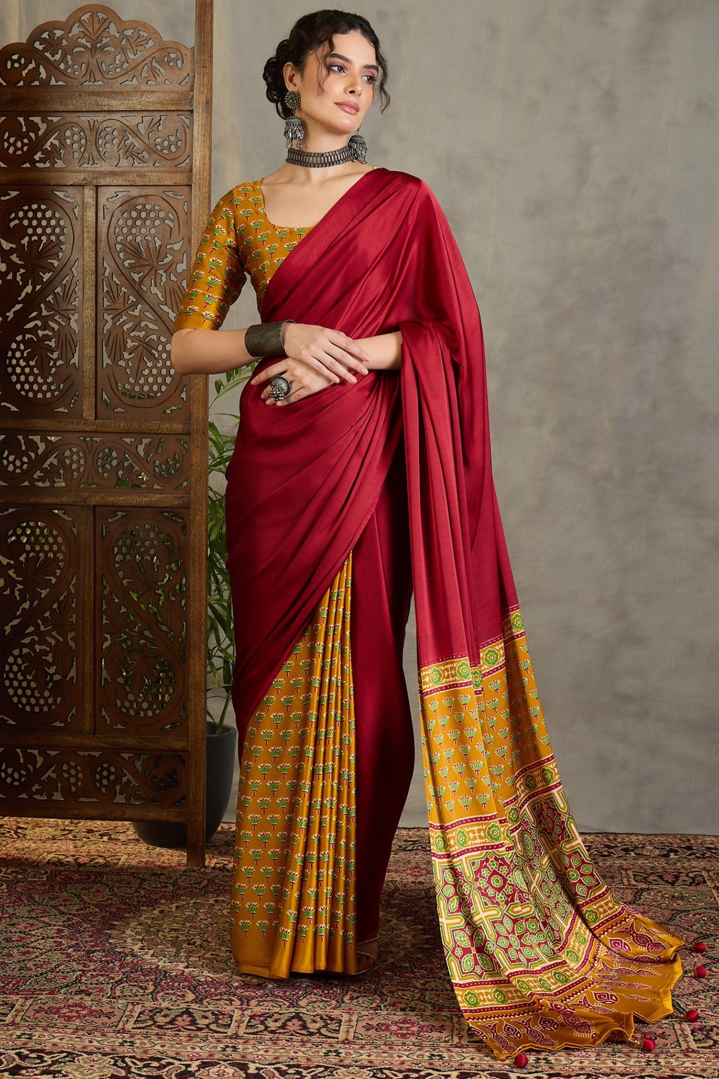 Buy MySilkLove Brick Red and Yellow Ajrakh Printed Satin Crepe Silk Saree Online