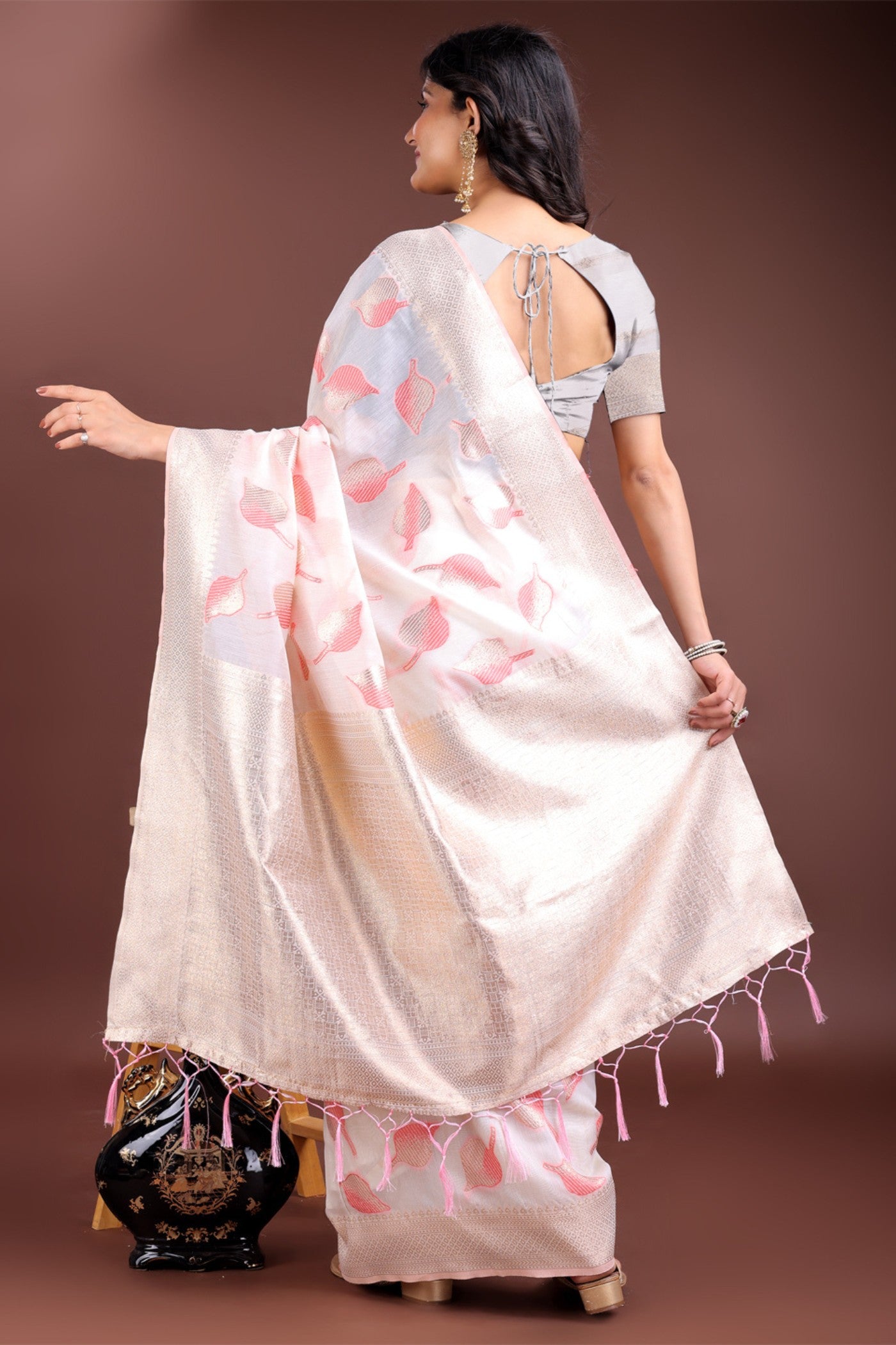 Buy MySilkLove Kalfo White and Pink Woven Cotton Saree Online
