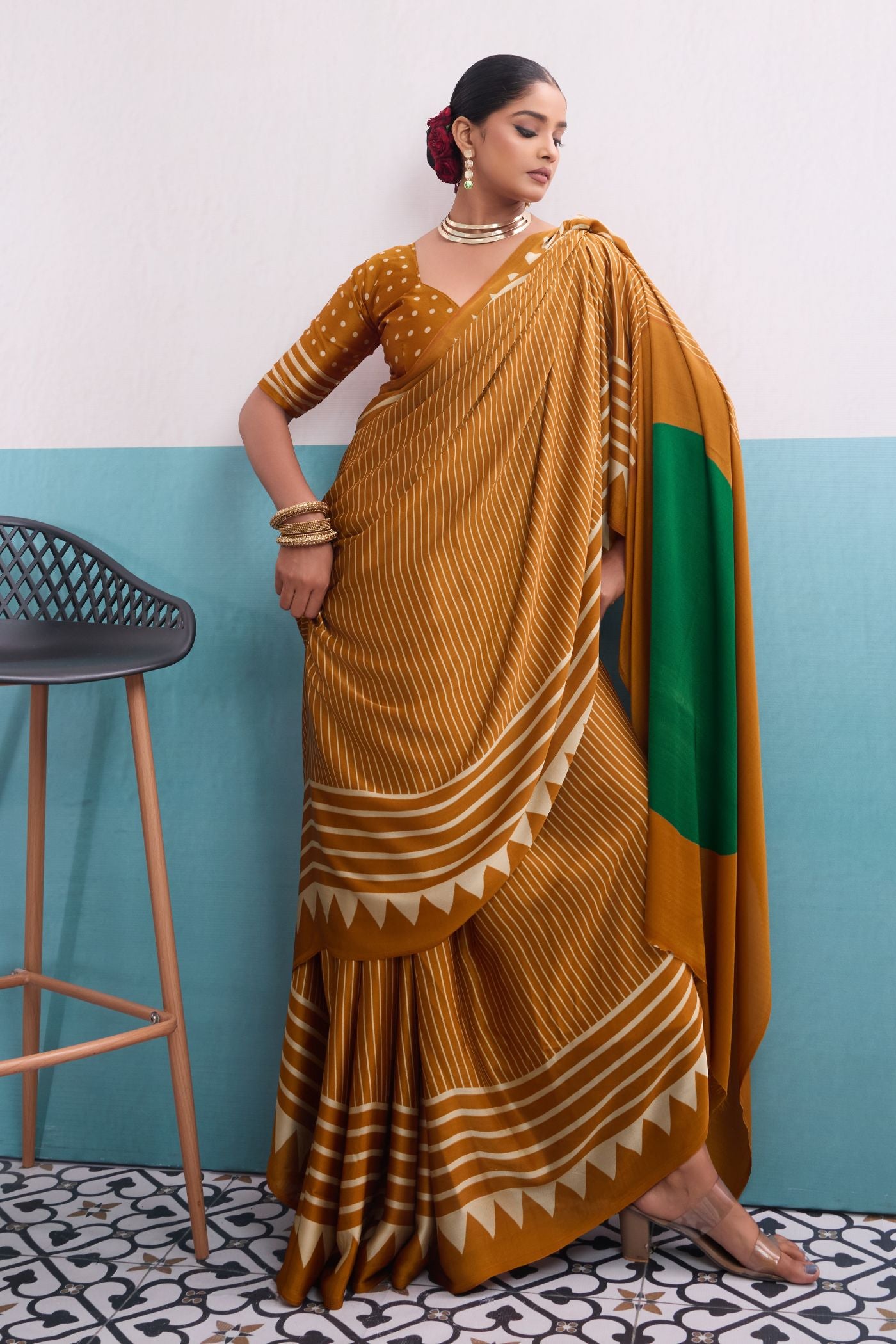 Buy MySilkLove Sunbeam Yellow Stripe Ajrakh Printed Satin Crepe Silk Saree Online