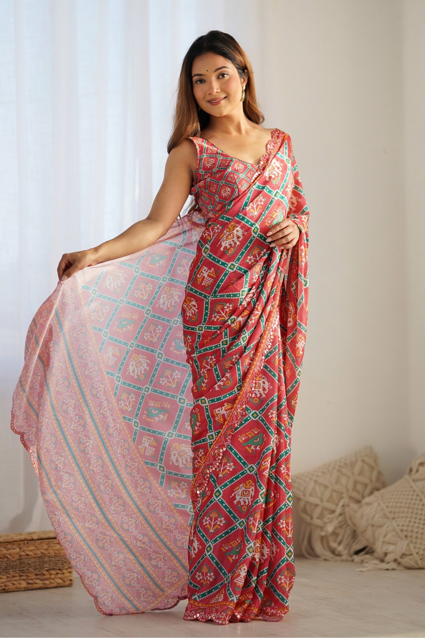 Buy MySilkLove Coral Orange Digital Printed Chinon Saree Online