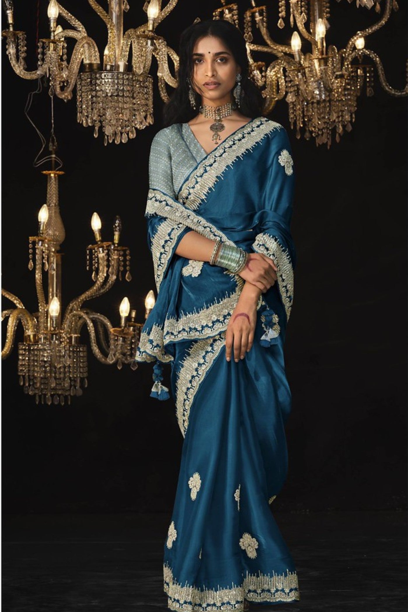 Buy MySilkLove Neon Blue Tissue Embroidered Designer Saree Online