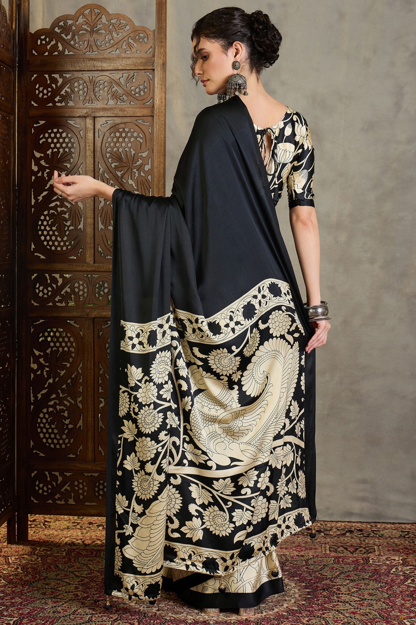 Buy MySilkLove Crow Black and Cream Kalamkari Printed Satin Silk Saree Online