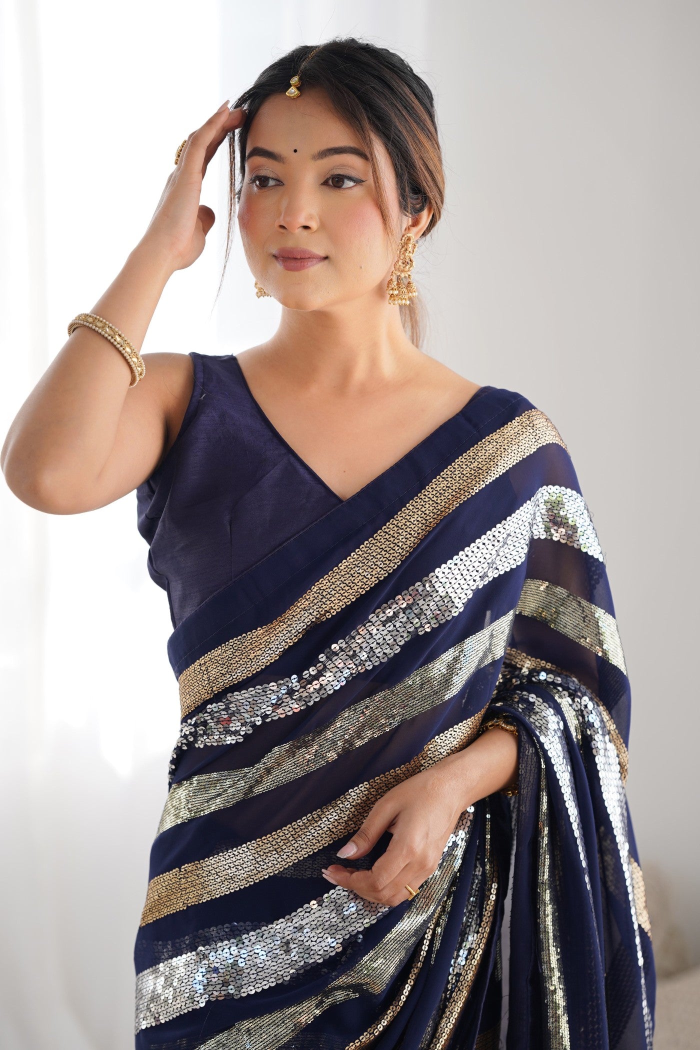 MySilkLove Navy Blue Georgette Partywear Saree