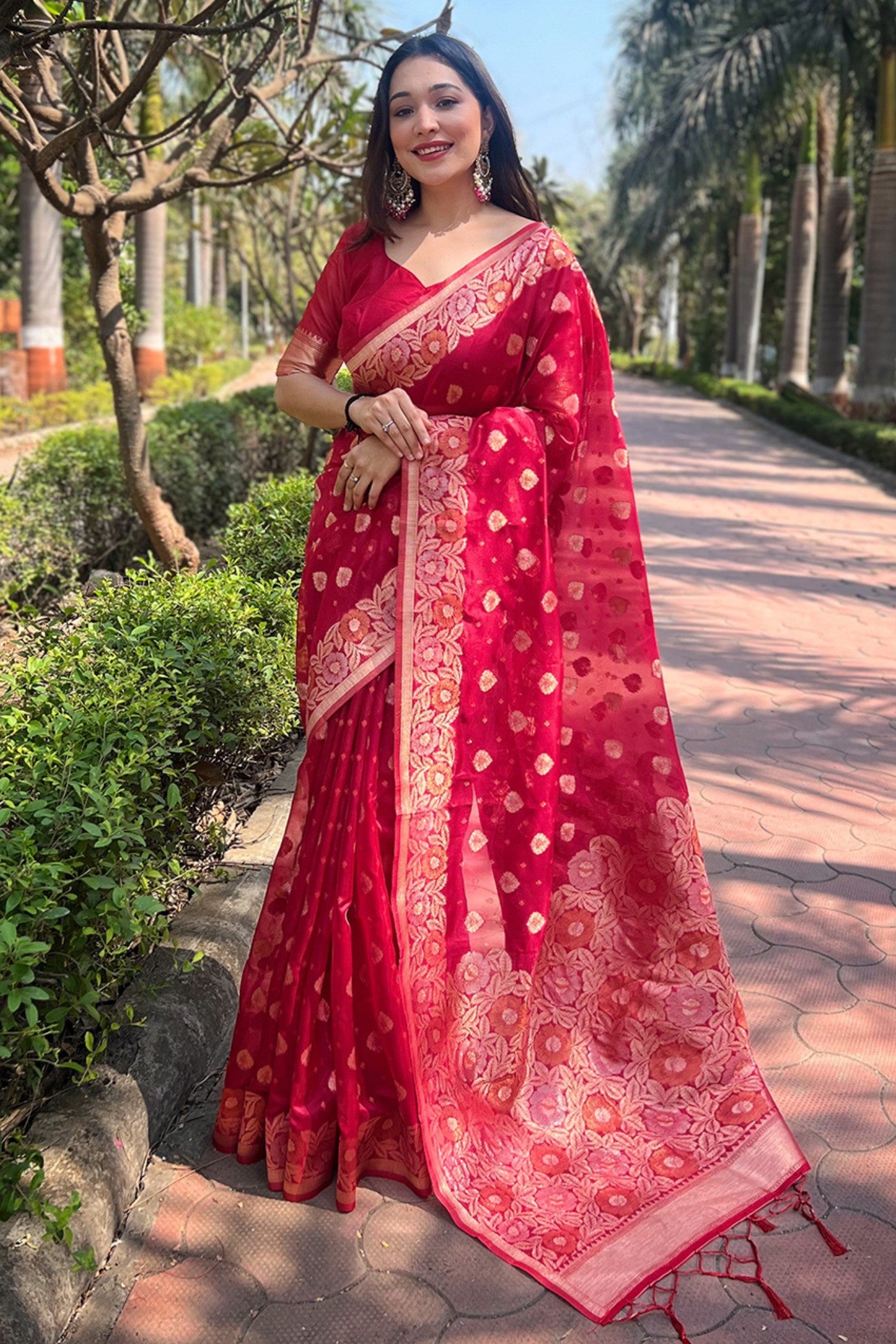 Buy MySilkLove Rose Pearl Red Zari Woven Organza Saree Online