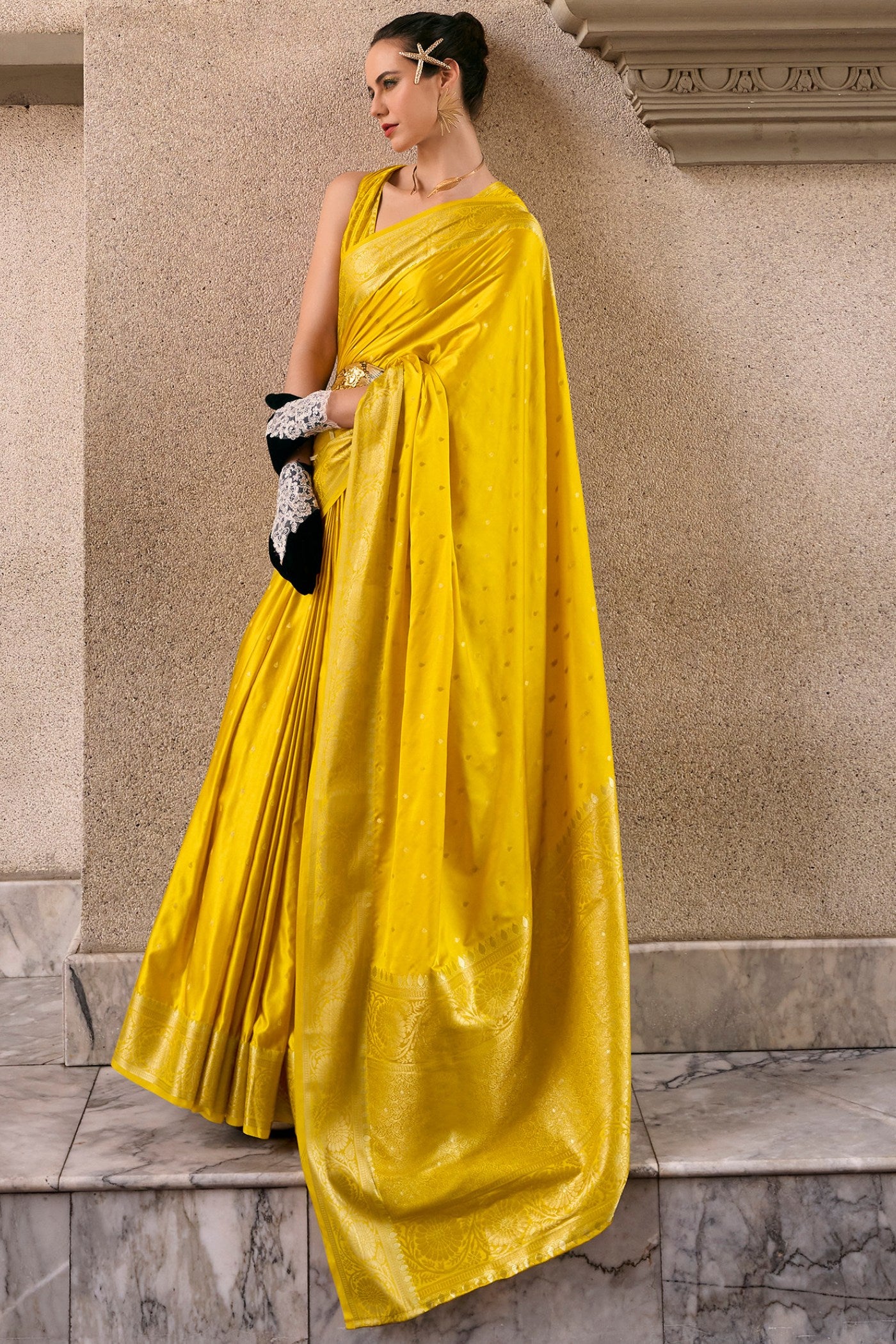 Buy MySilkLove Tulip Yellow Handloom Satin Silk Saree Online