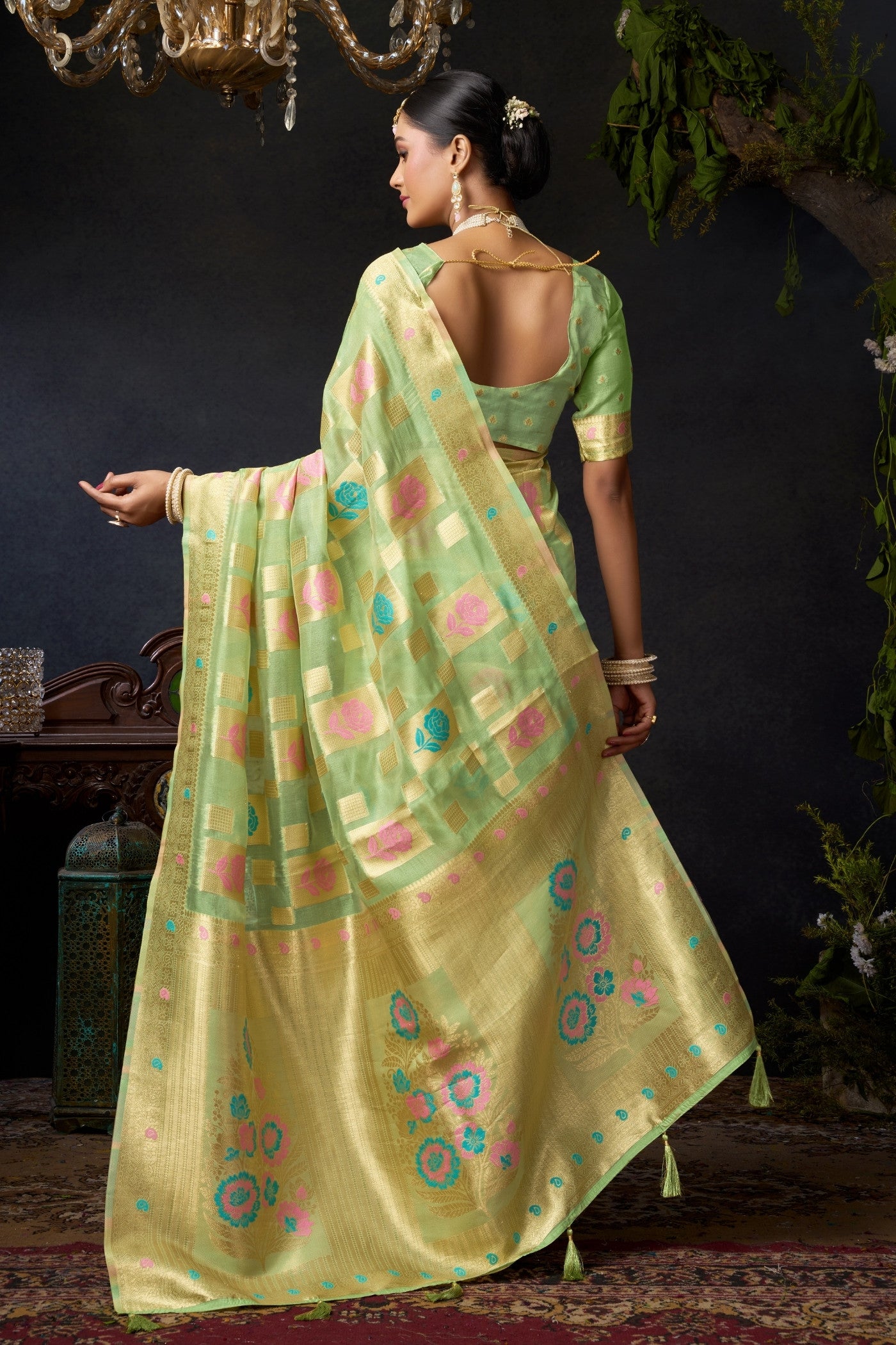 Buy MySilkLove Pista Green Woven Banarasi Organza Saree Online