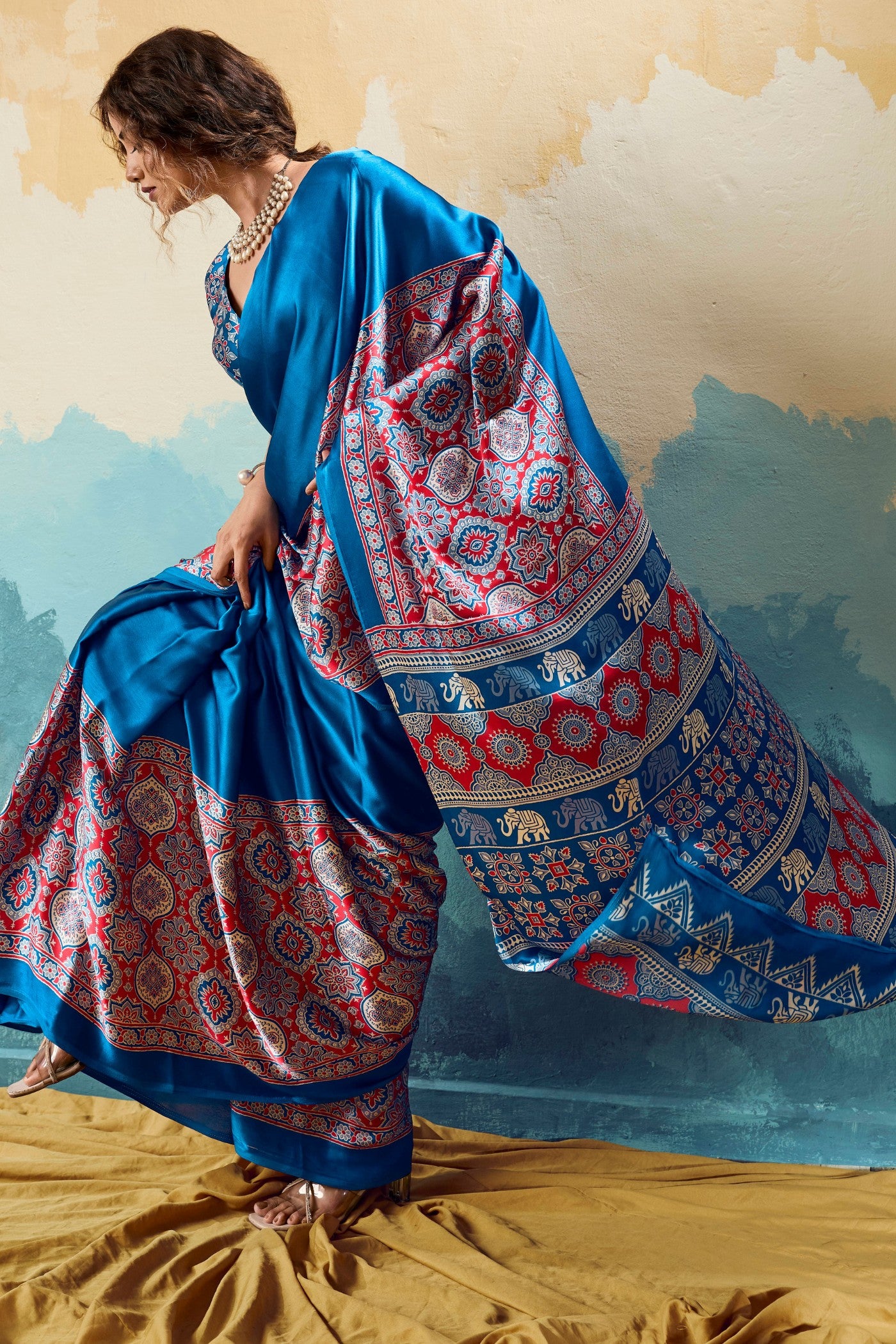 Buy MySilkLove Force Blue Modal Ajrakh Satin Printed Silk Saree Online