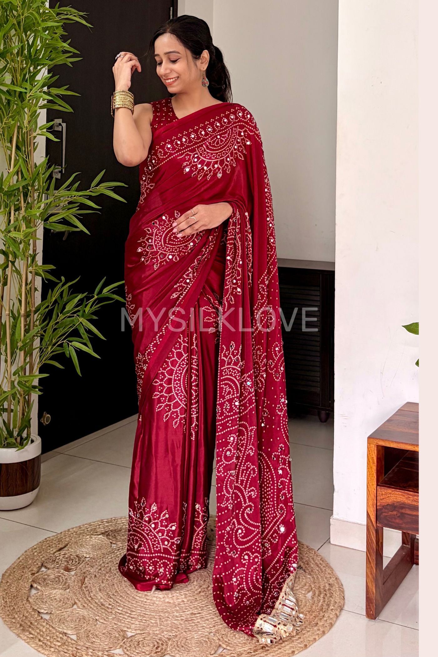 Buy MySilkLove Coral Red Bandhani Gaji Satin Mirror Work Silk Crepe Saree Online