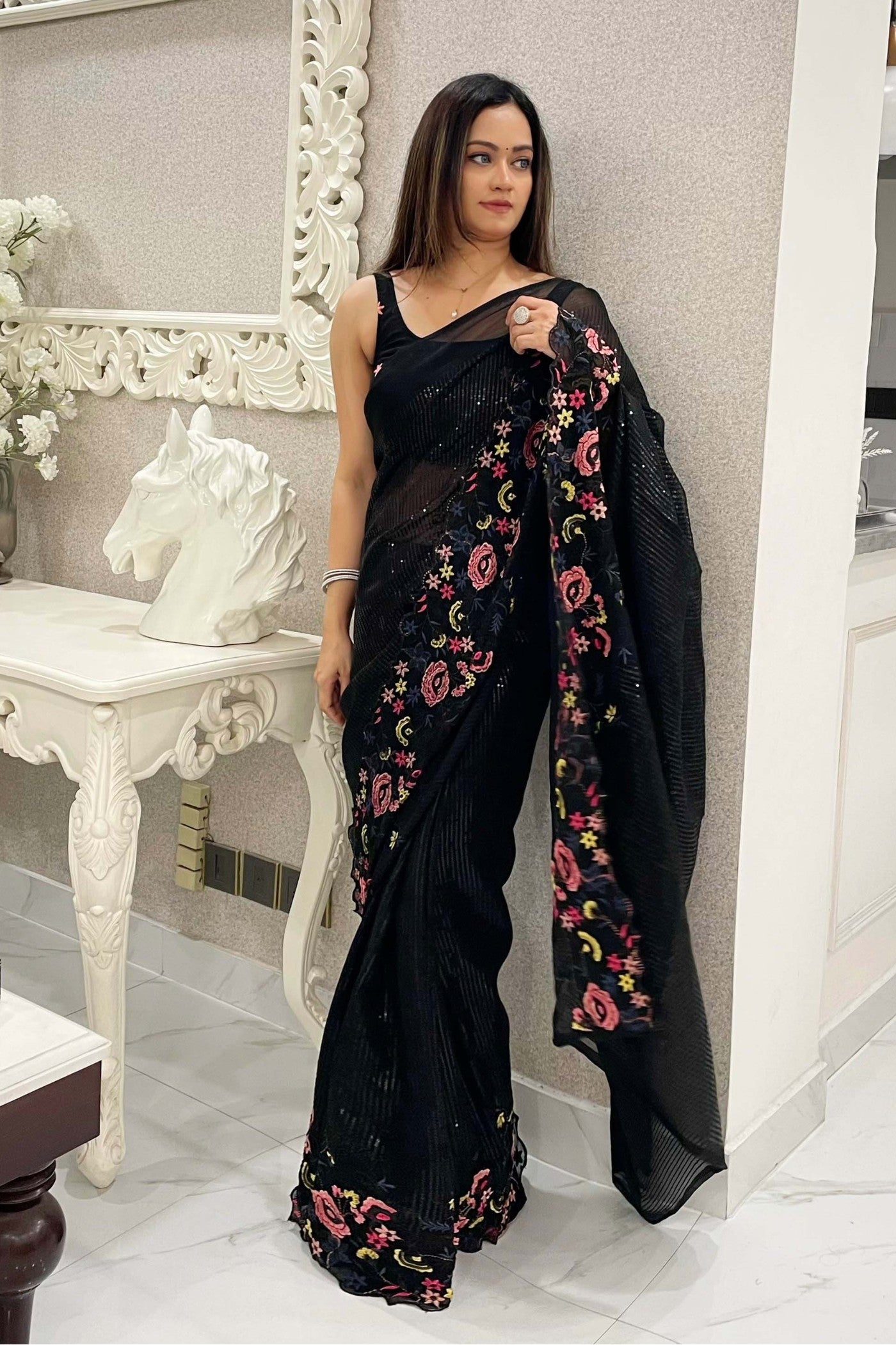 Buy MySilkLove Obsidian Black Embroidered Partywear Saree Online