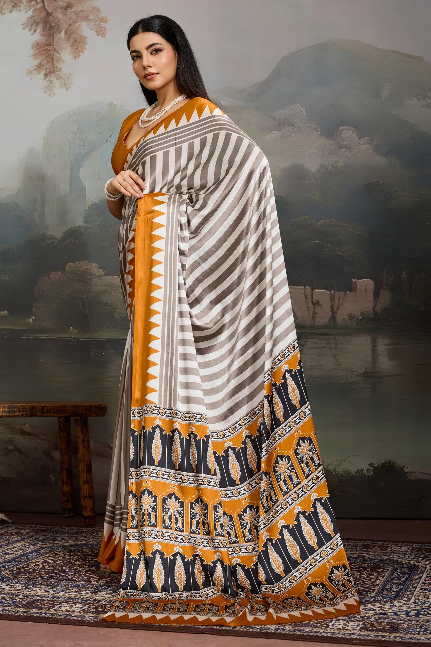 Buy MySilkLove Bone White and Yellow Ajrakh Printed Satin Crepe Silk Saree Online
