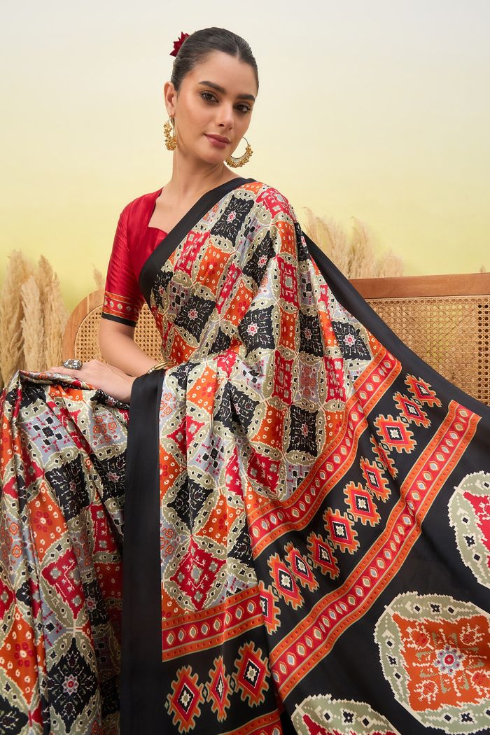 Buy MySilkLove Rio Black and Cream Patola Printed Satin Crepe Silk Saree Online
