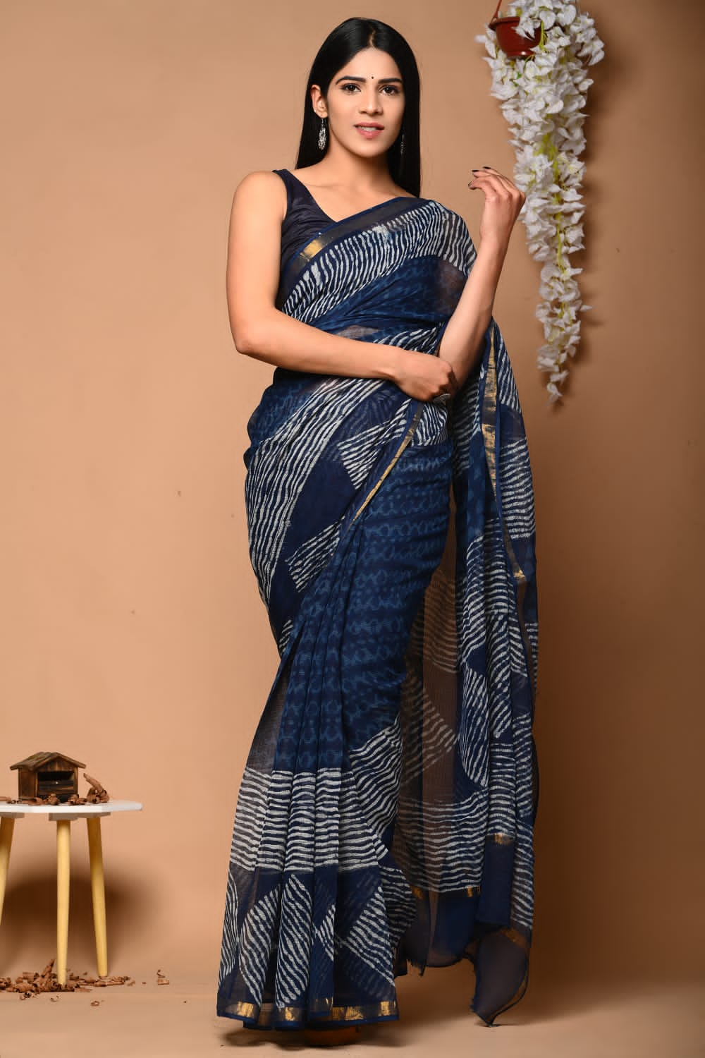 Buy MySilkLove Fiord Blue Handblock Kota Doriya Saree Online