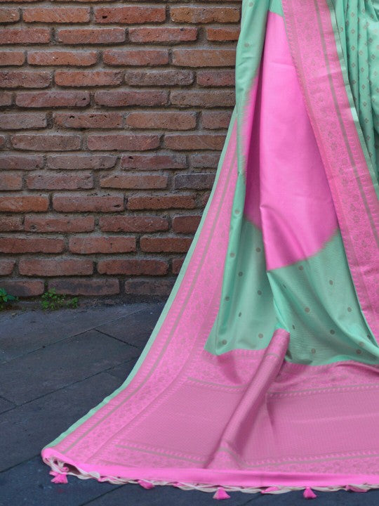 Buy MySilkLove Mint Green and Pink Banarasi Handloom Saree Online