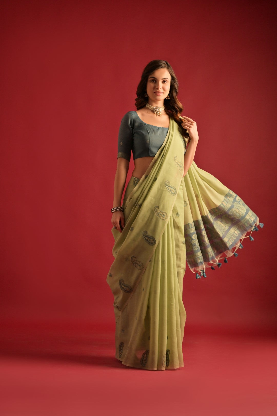 Buy MySilkLove Pista Green Woven Mul Cotton Saree Online