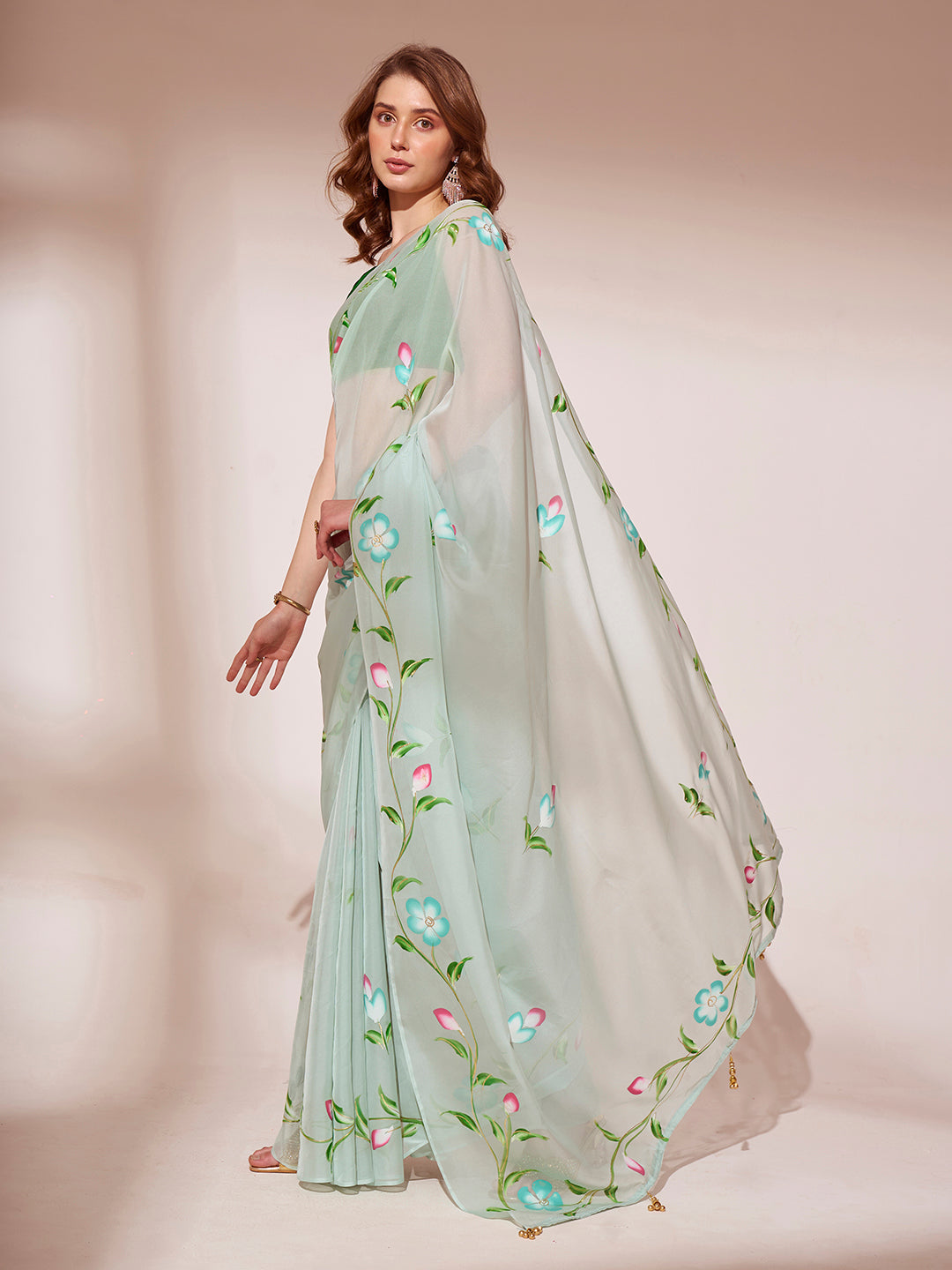 Buy MySilkLove Pewter Green Printed Organza Saree Online