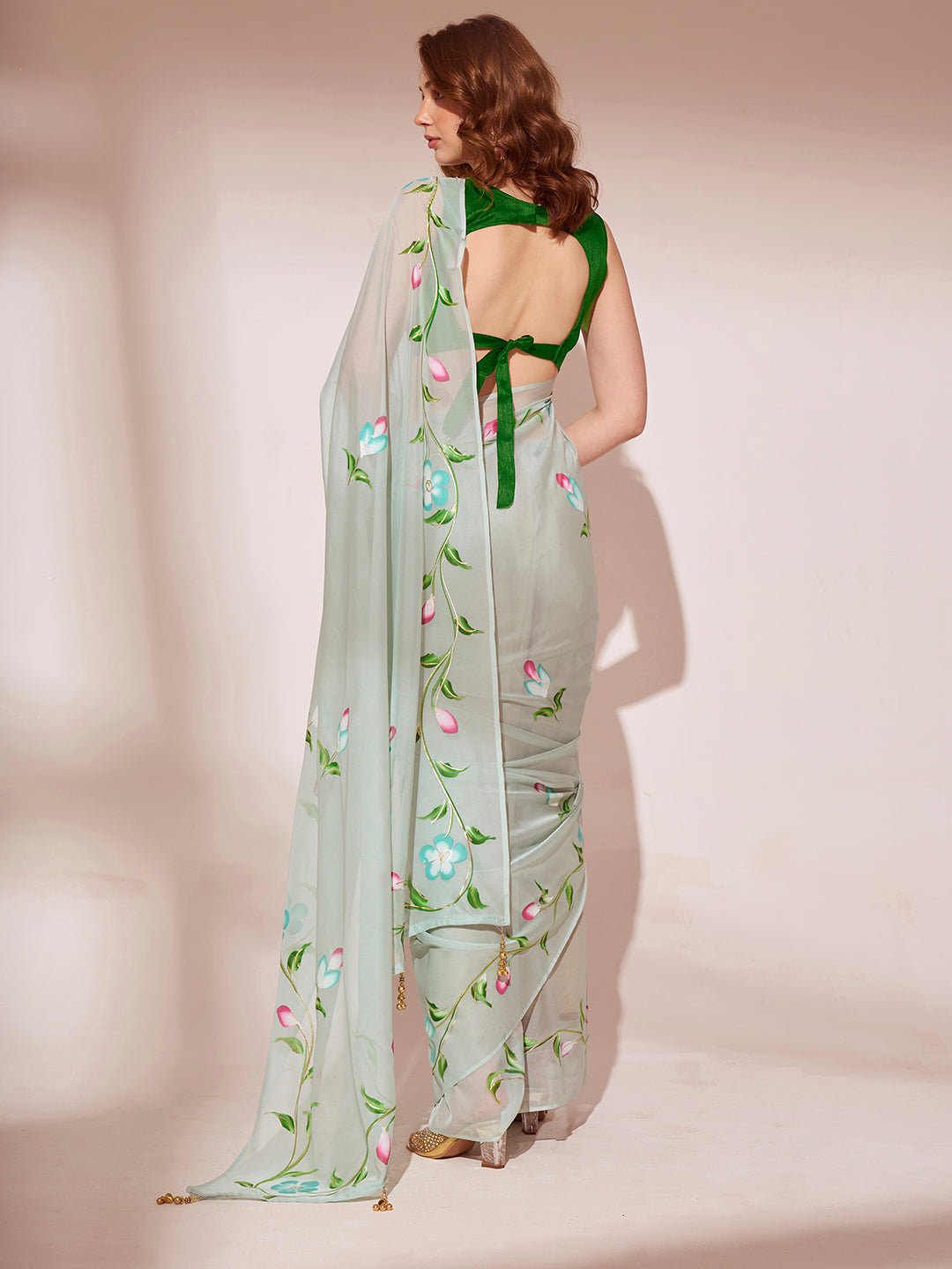 Buy MySilkLove Pewter Green Printed Organza Saree Online