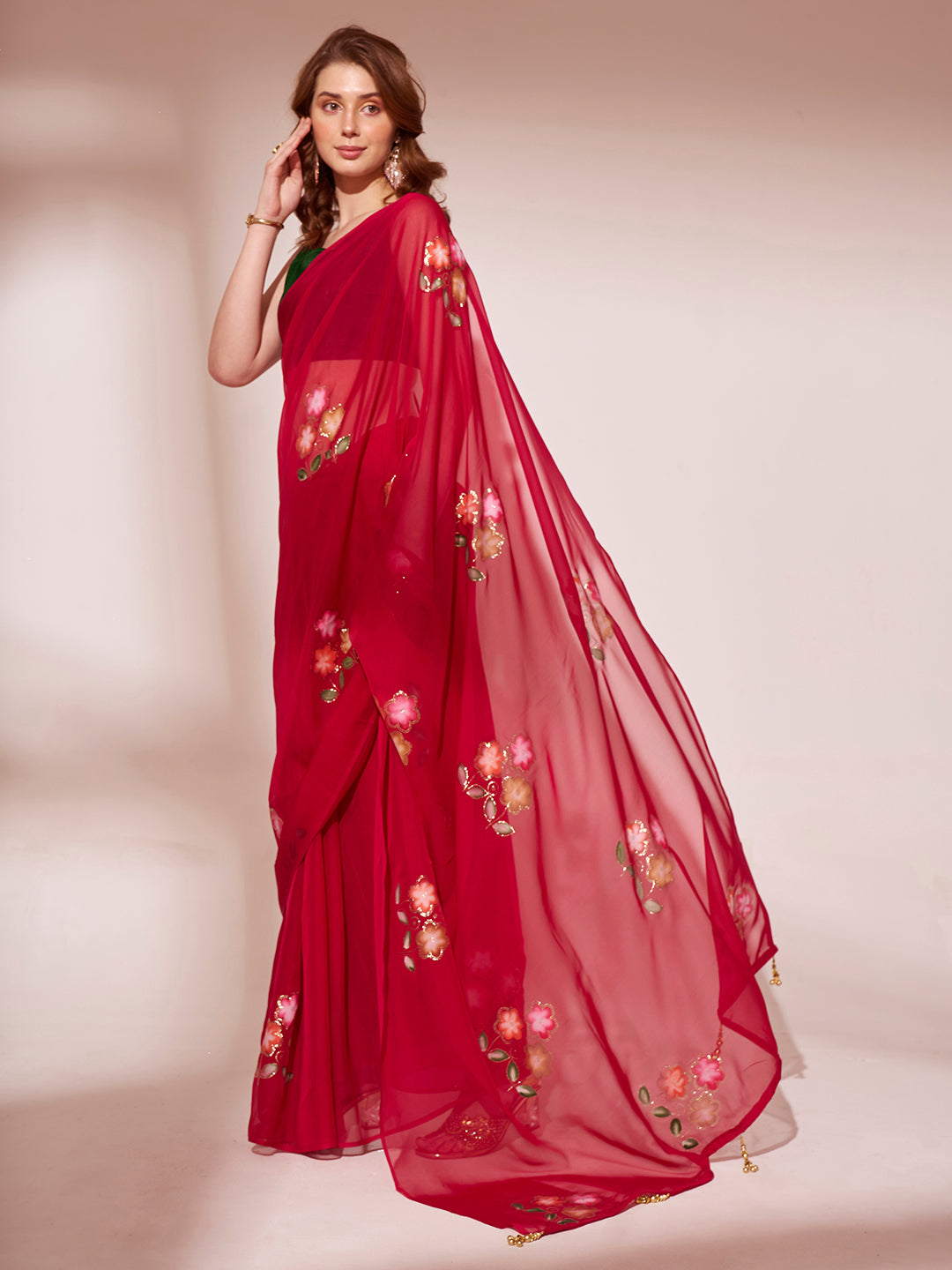 MySilkLove Crimson Red Printed Organza Saree