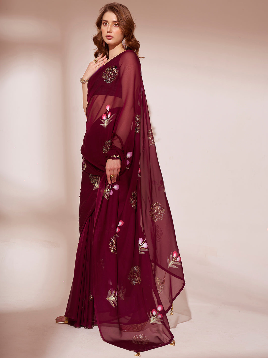 MySilkLove Bordeaux Maroon Printed Organza Saree