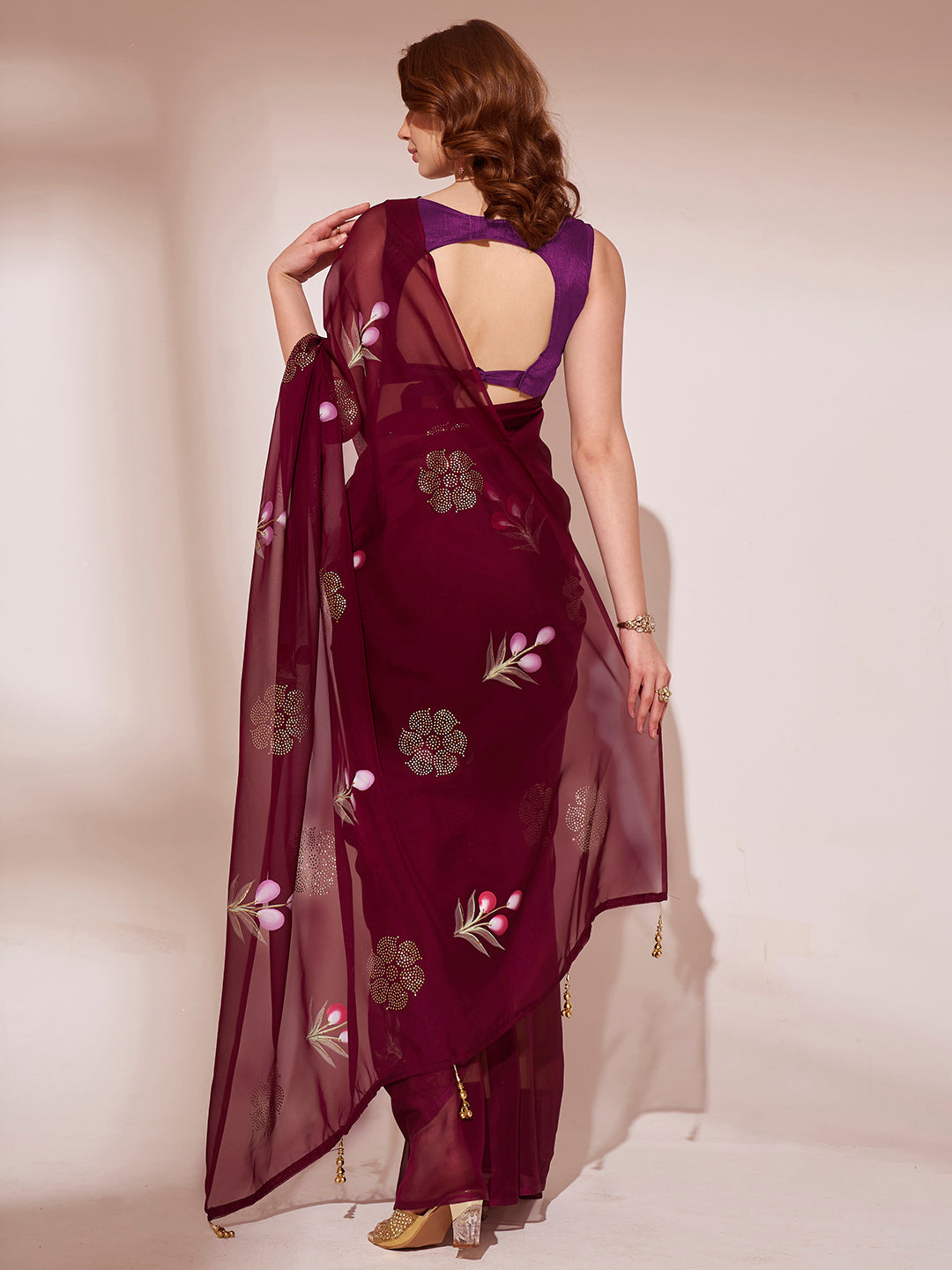 Buy MySilkLove Bordeaux Maroon Printed Organza Saree Online