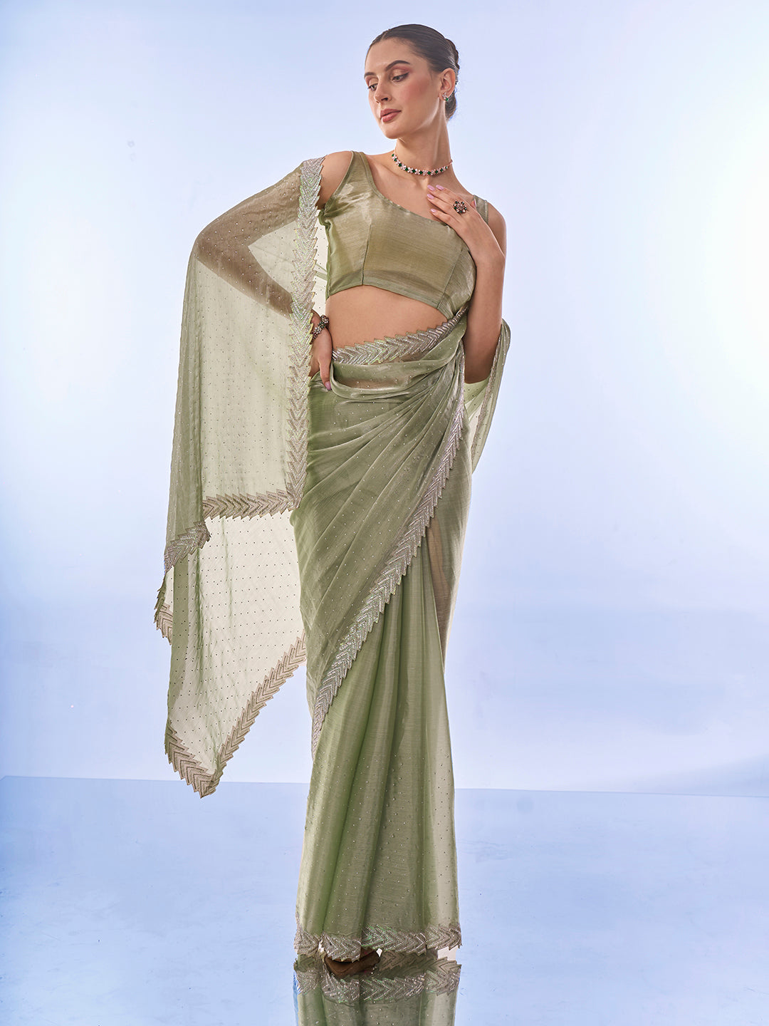 Buy MySilkLove Bison Hide Green Designer Partywear Saree Online