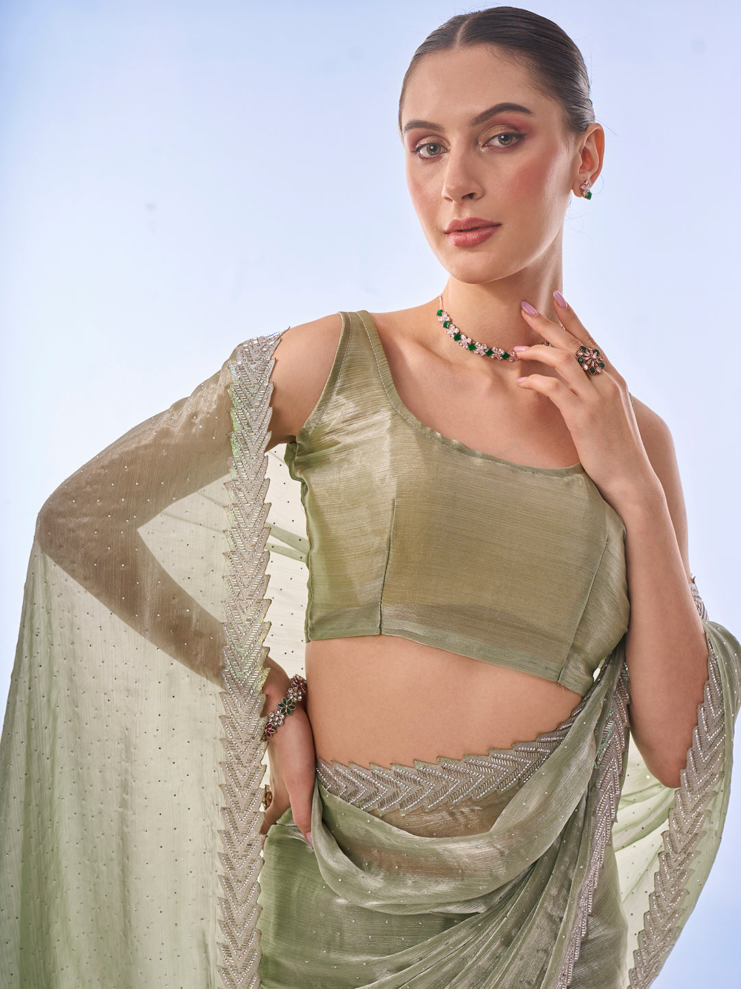 Buy MySilkLove Bison Hide Green Designer Partywear Saree Online