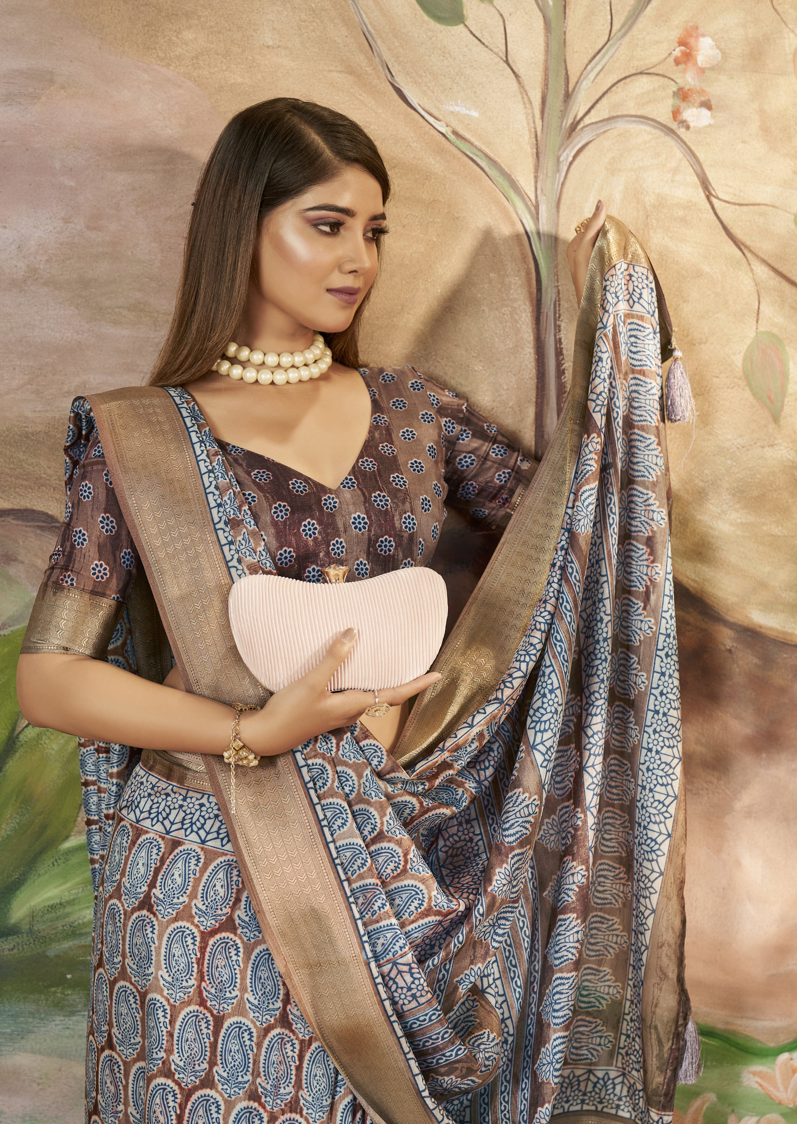 Buy MySilkLove Hemp Brown Designer Printed Dola Silk Saree Online