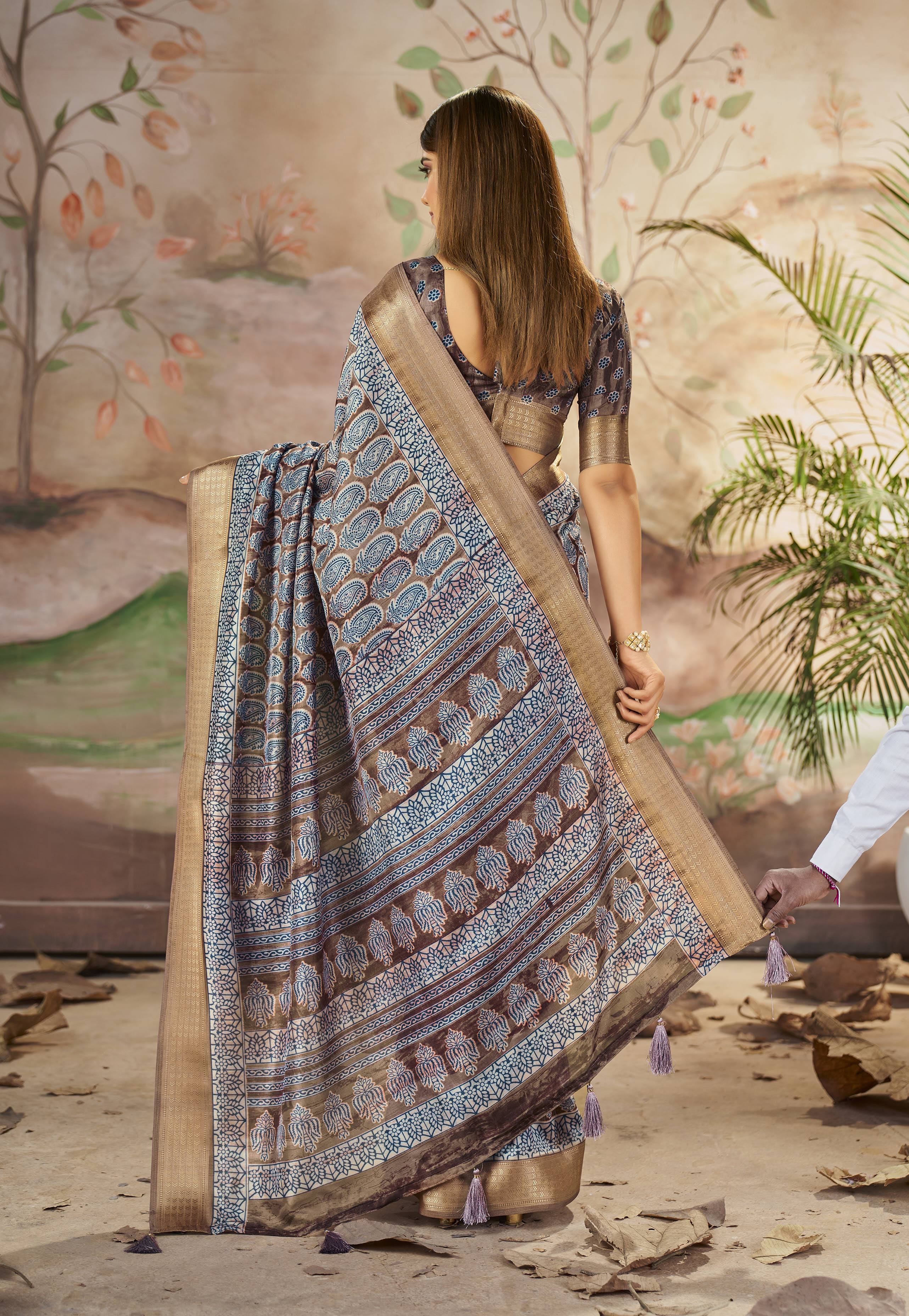 Buy MySilkLove Hemp Brown Designer Printed Dola Silk Saree Online