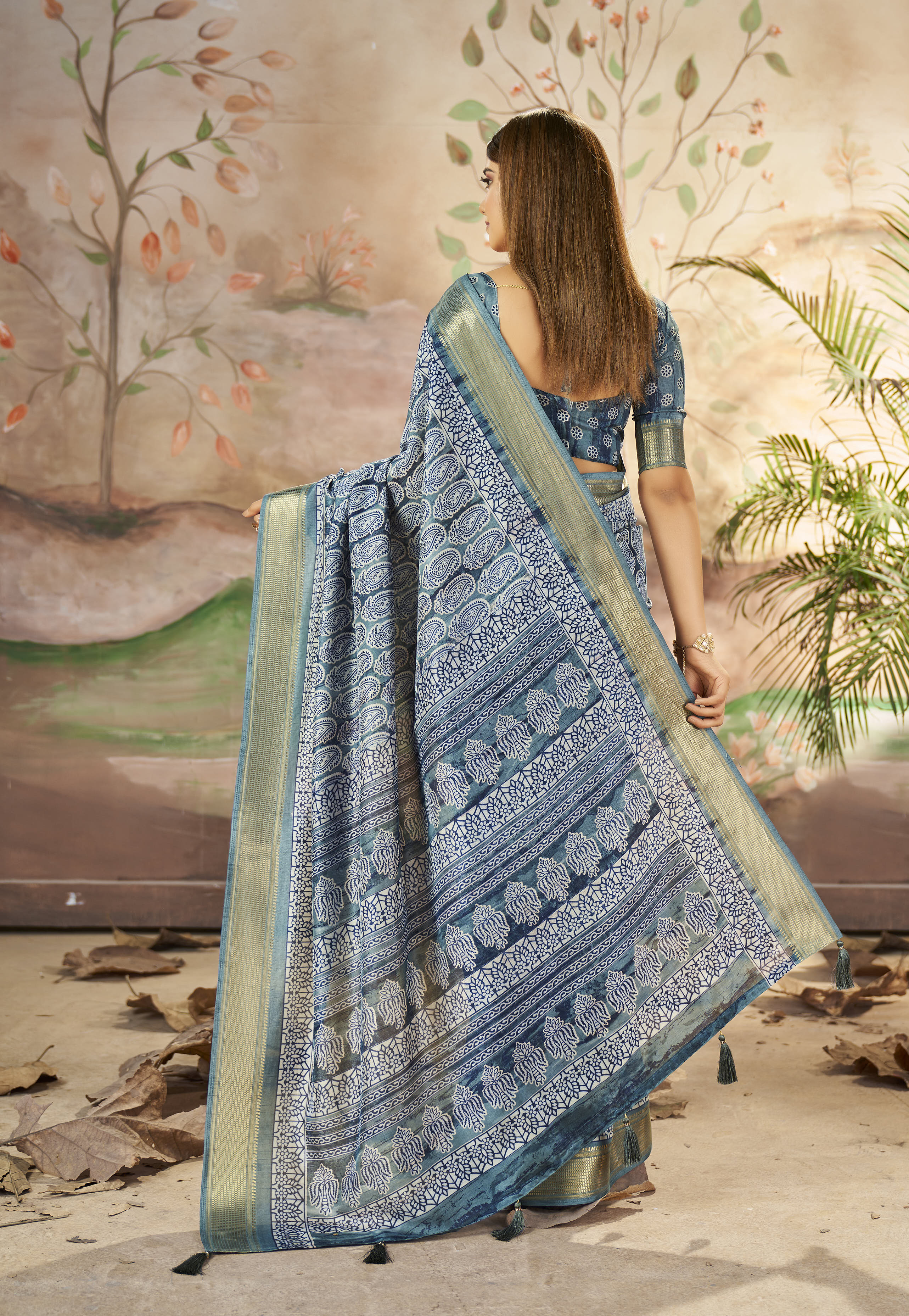 Buy MySilkLove Regent Blue Designer Printed Dola Silk Saree Online