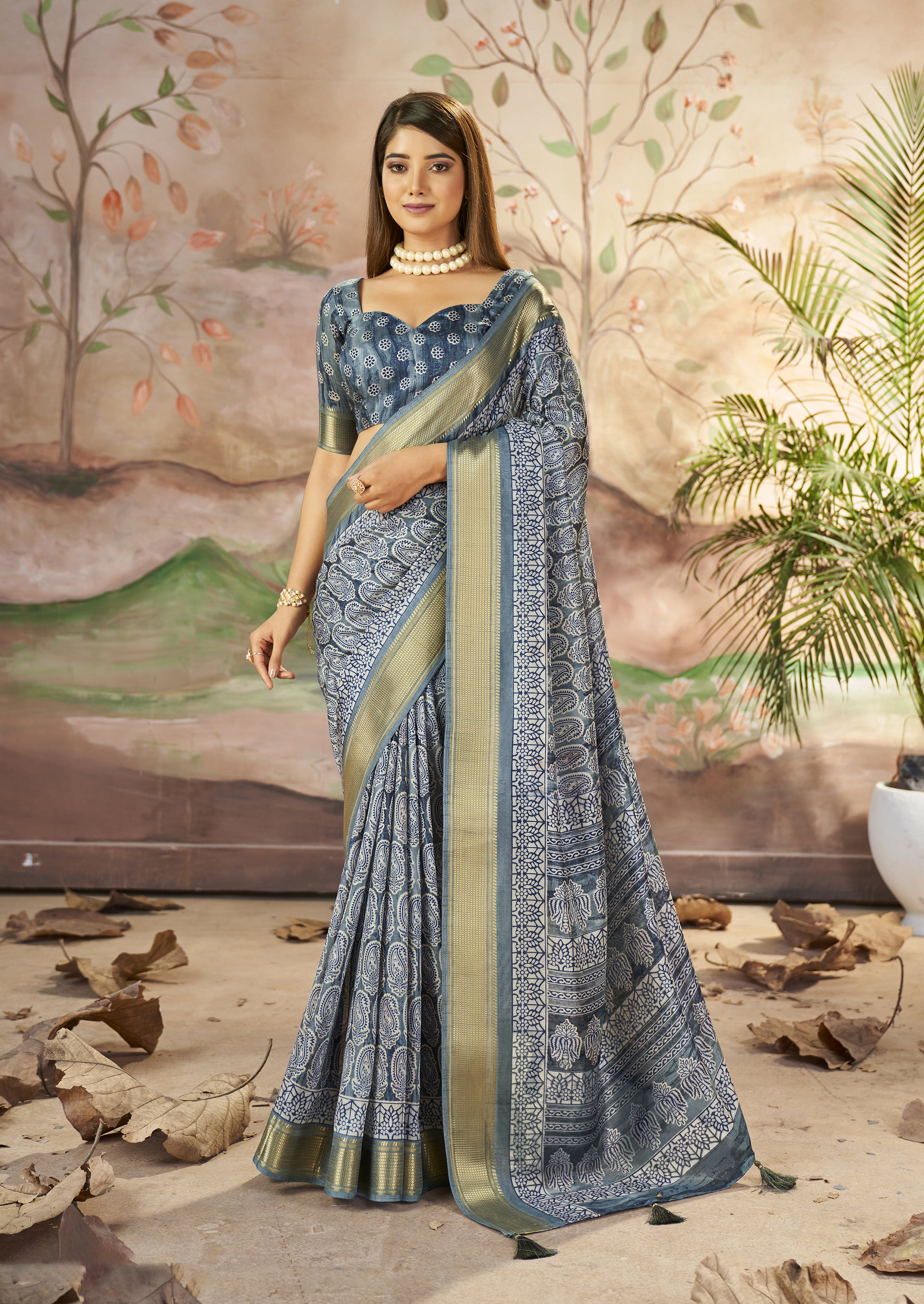 Buy MySilkLove Regent Blue Designer Printed Dola Silk Saree Online