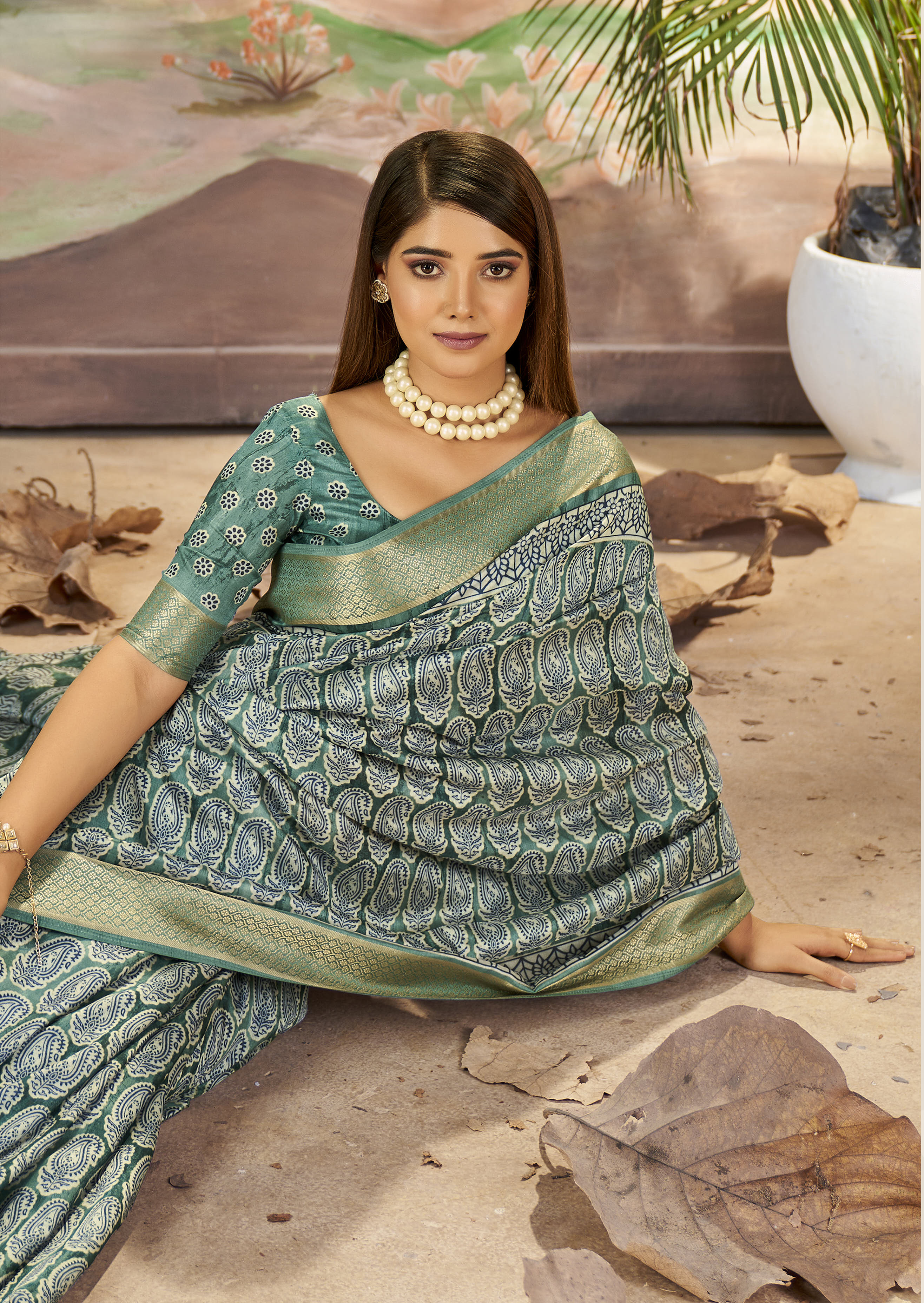 Buy MySilkLove Envy Green Designer Printed Dola Silk Saree Online