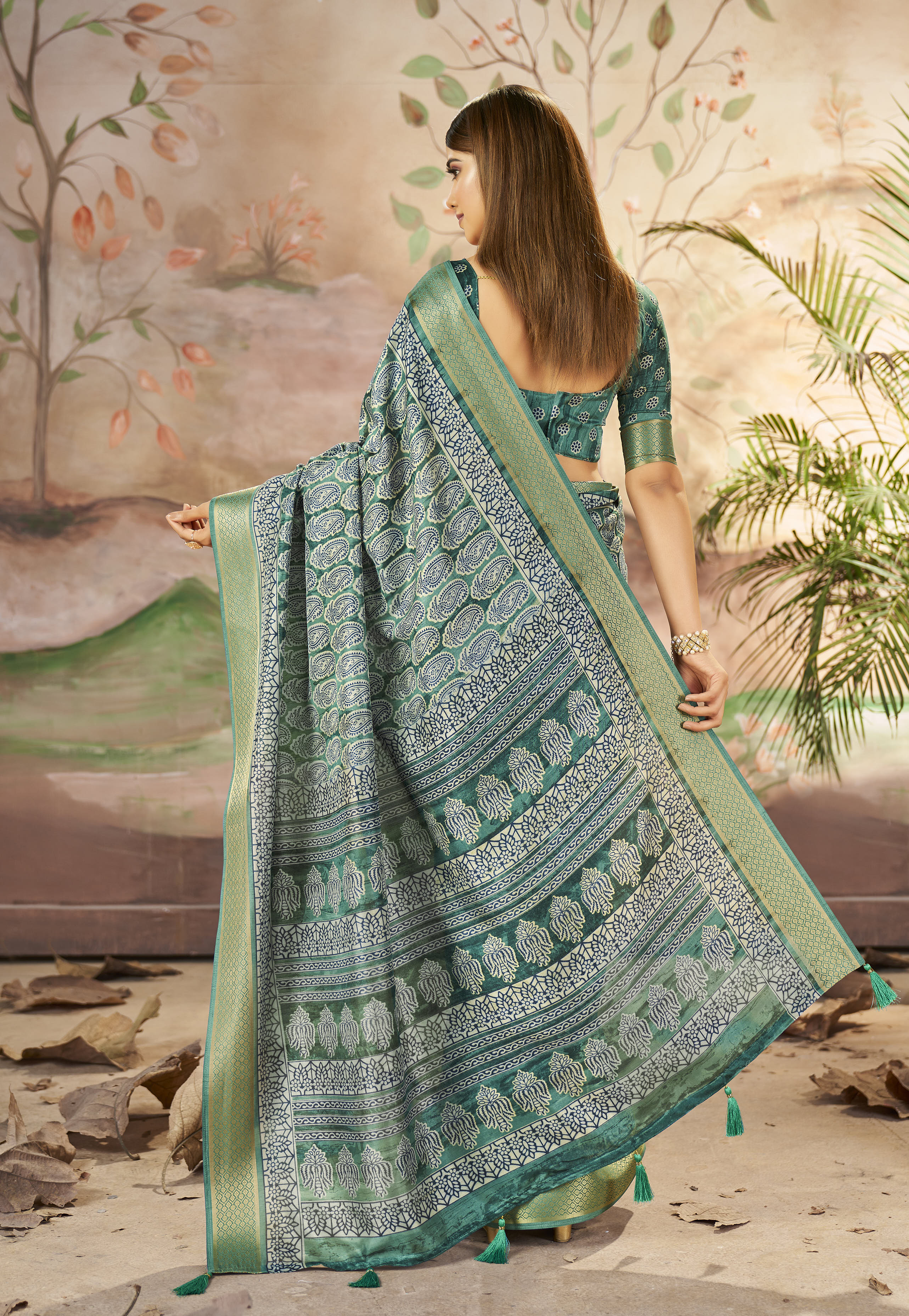 Buy MySilkLove Envy Green Designer Printed Dola Silk Saree Online