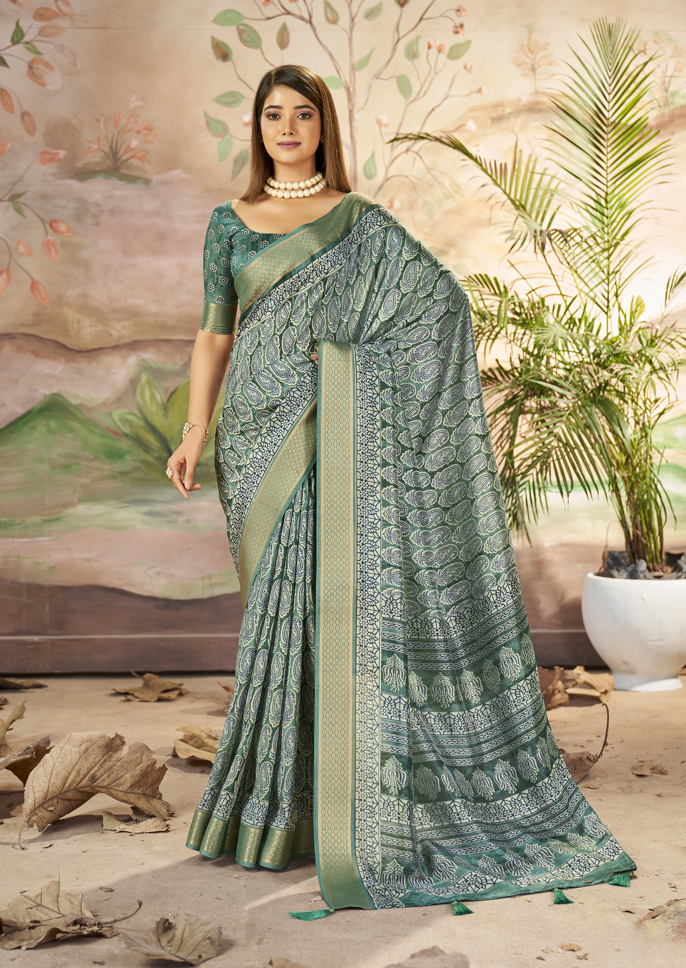 Buy MySilkLove Envy Green Designer Printed Dola Silk Saree Online