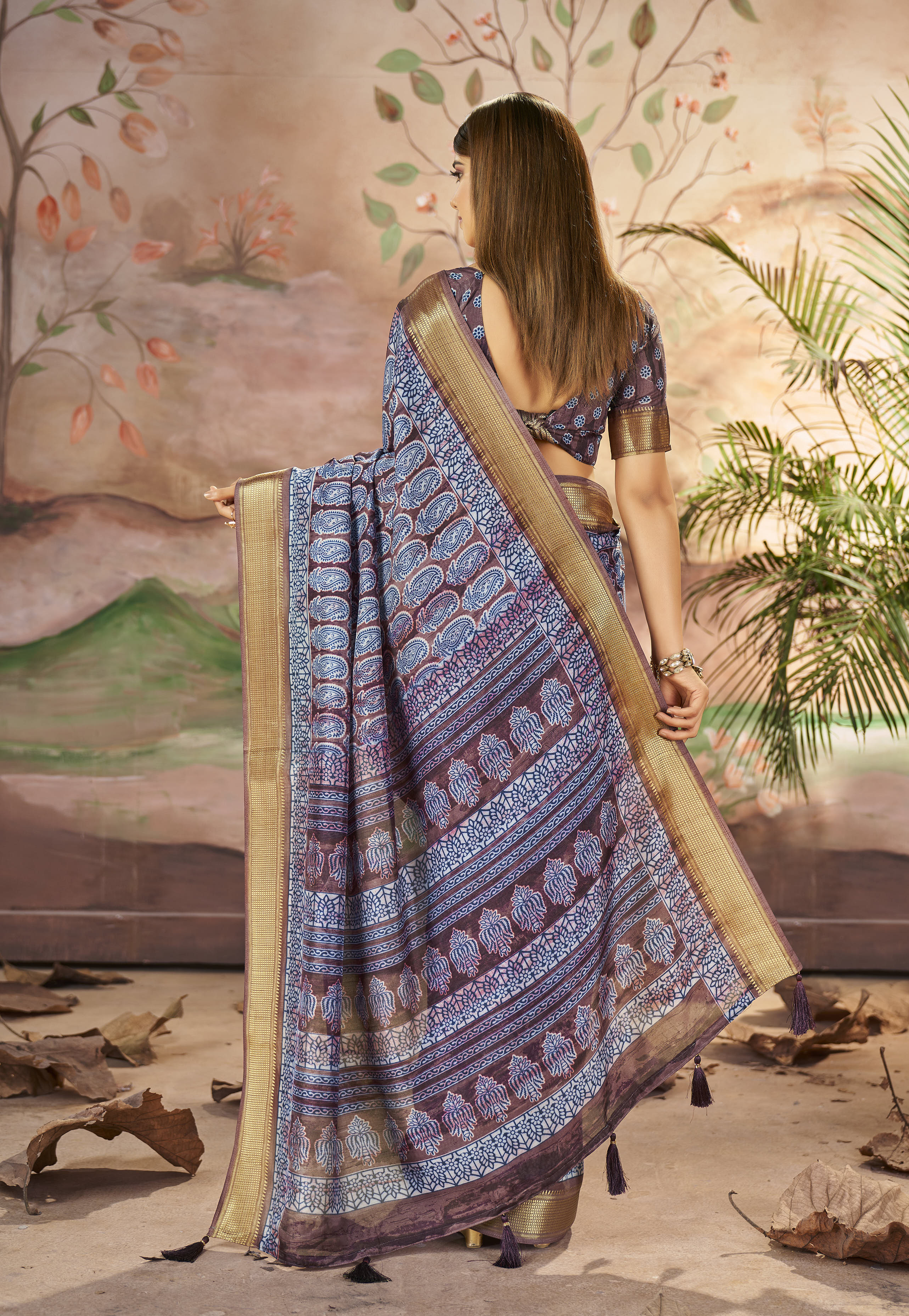 Buy MySilkLove Mulled Wine Blue Designer Printed Dola Silk Saree Online