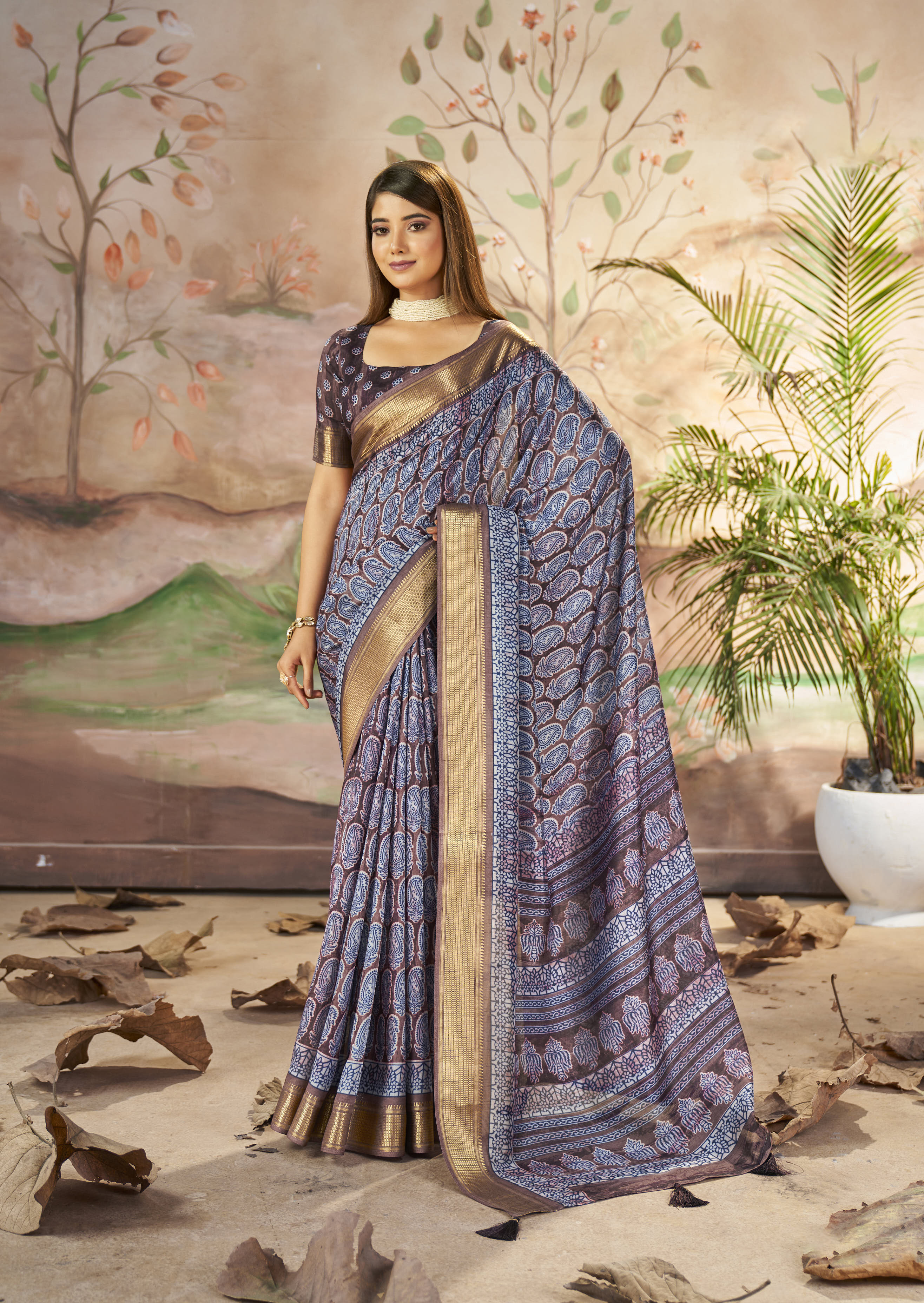 Buy MySilkLove Mulled Wine Blue Designer Printed Dola Silk Saree Online