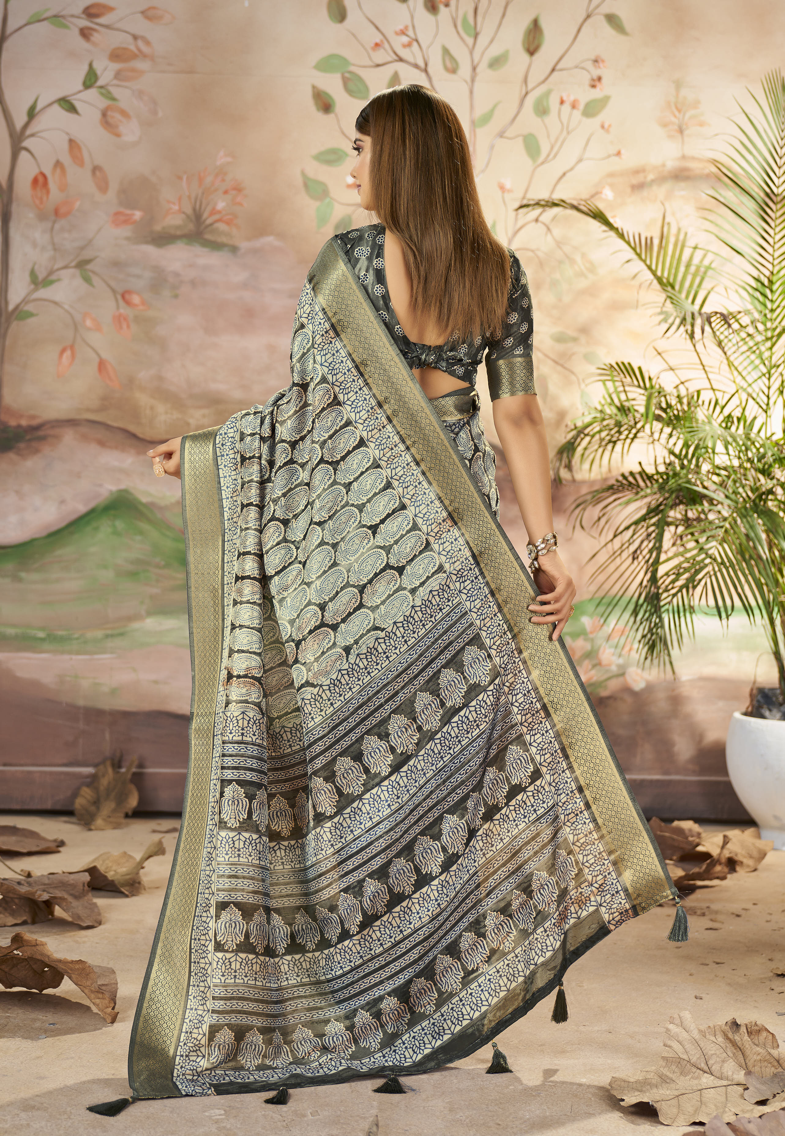 Buy MySilkLove Delta Green Designer Printed Dola Silk Saree Online