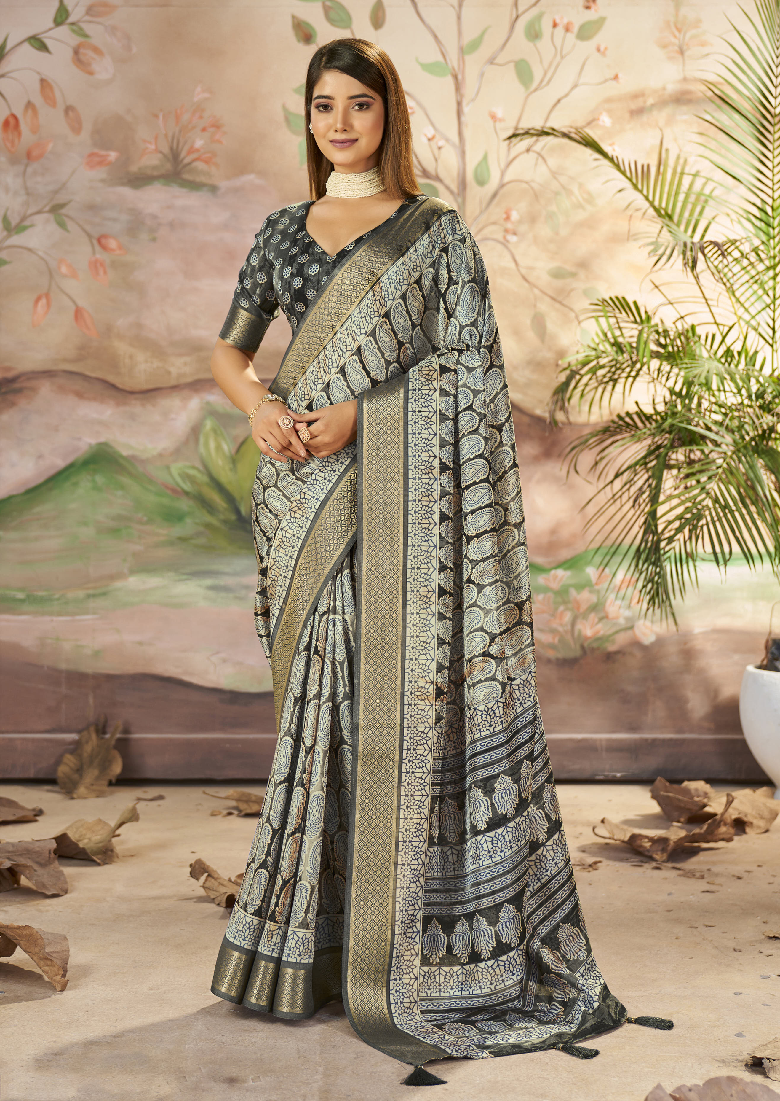 Buy MySilkLove Delta Green Designer Printed Dola Silk Saree Online