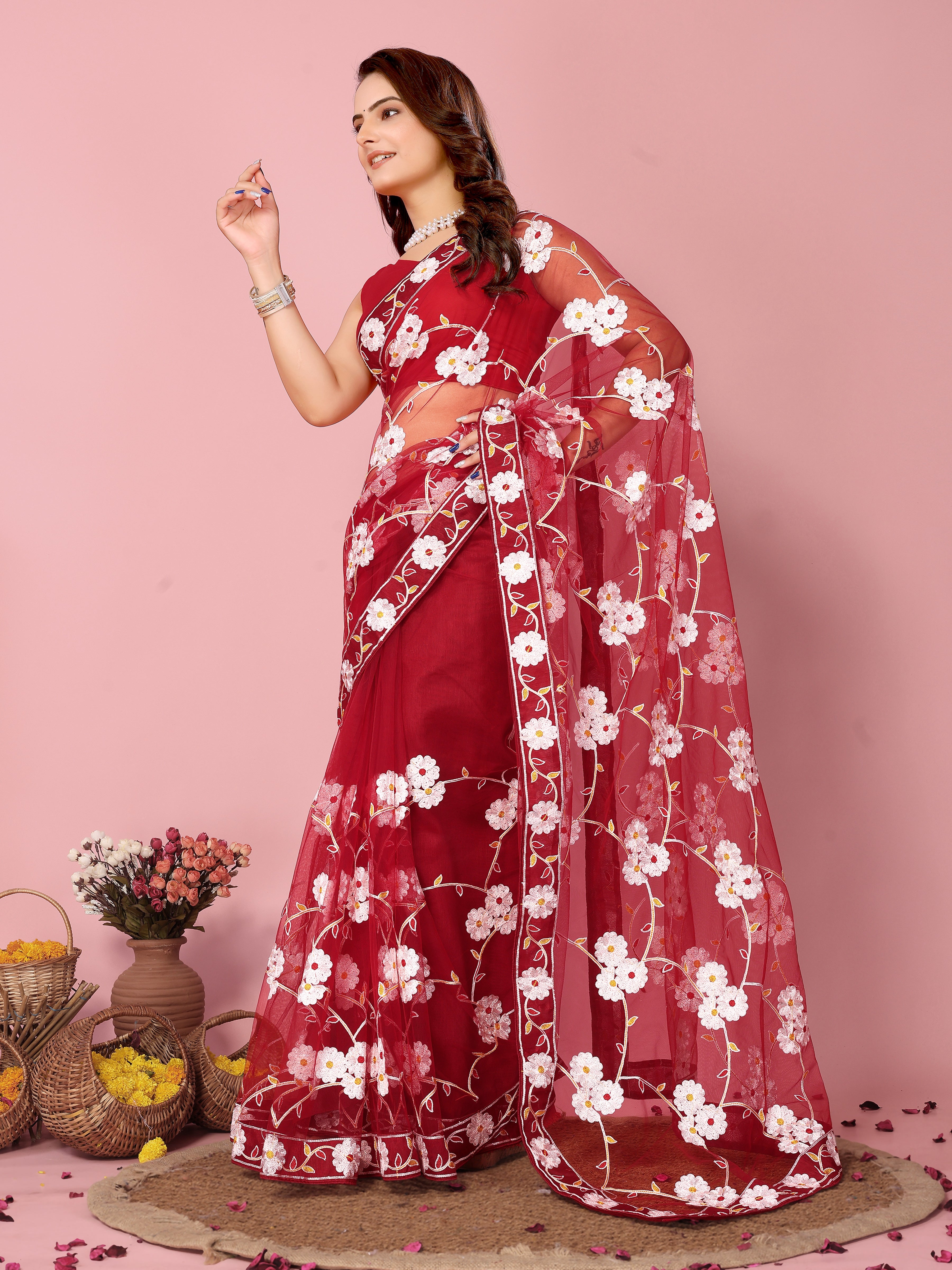 Buy MySilkLove Chestnut Red Woven Designer Embroidered Saree Online