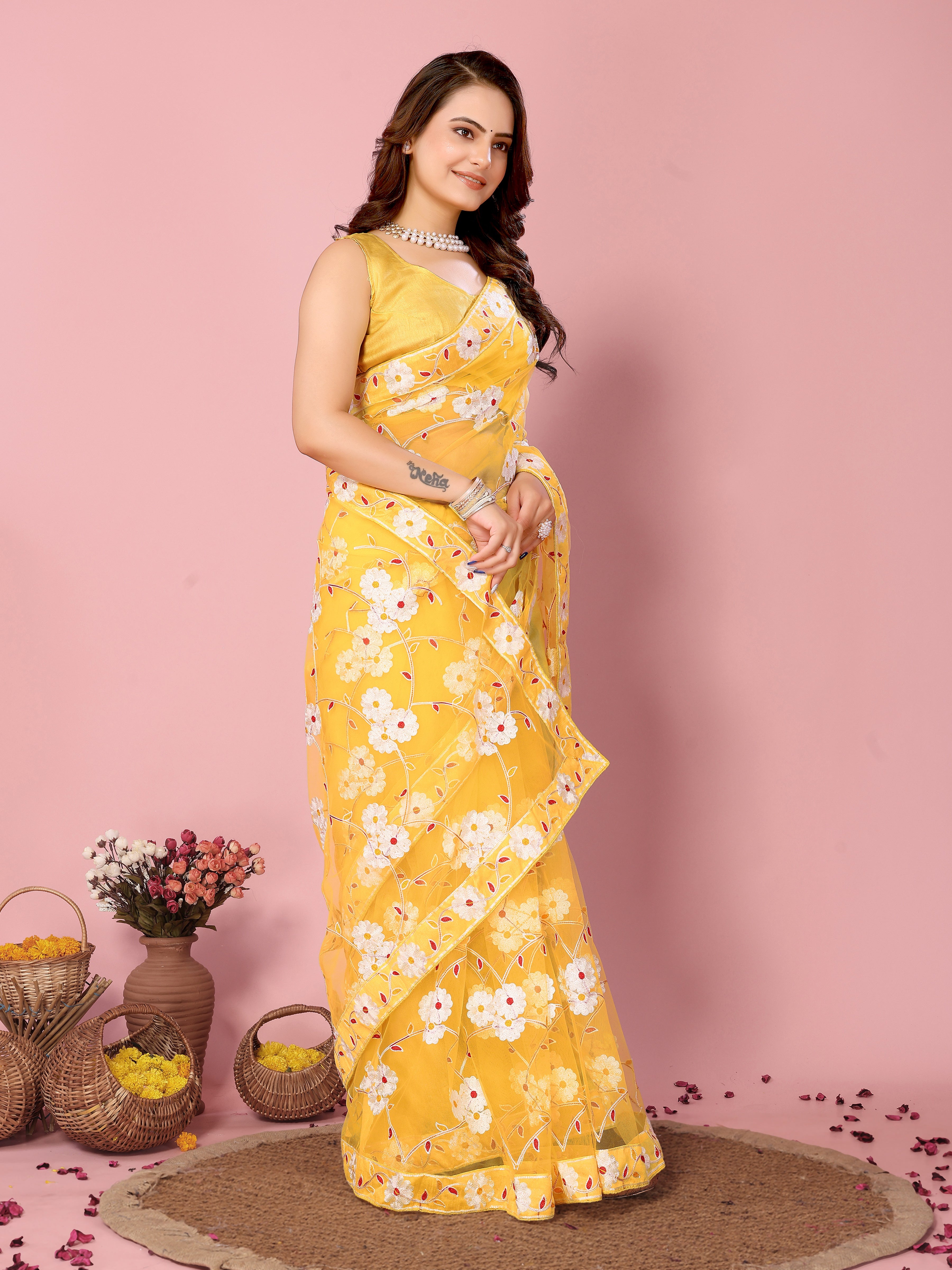 Buy MySilkLove Dandelion Yellow Woven Designer Embroidered Saree Online